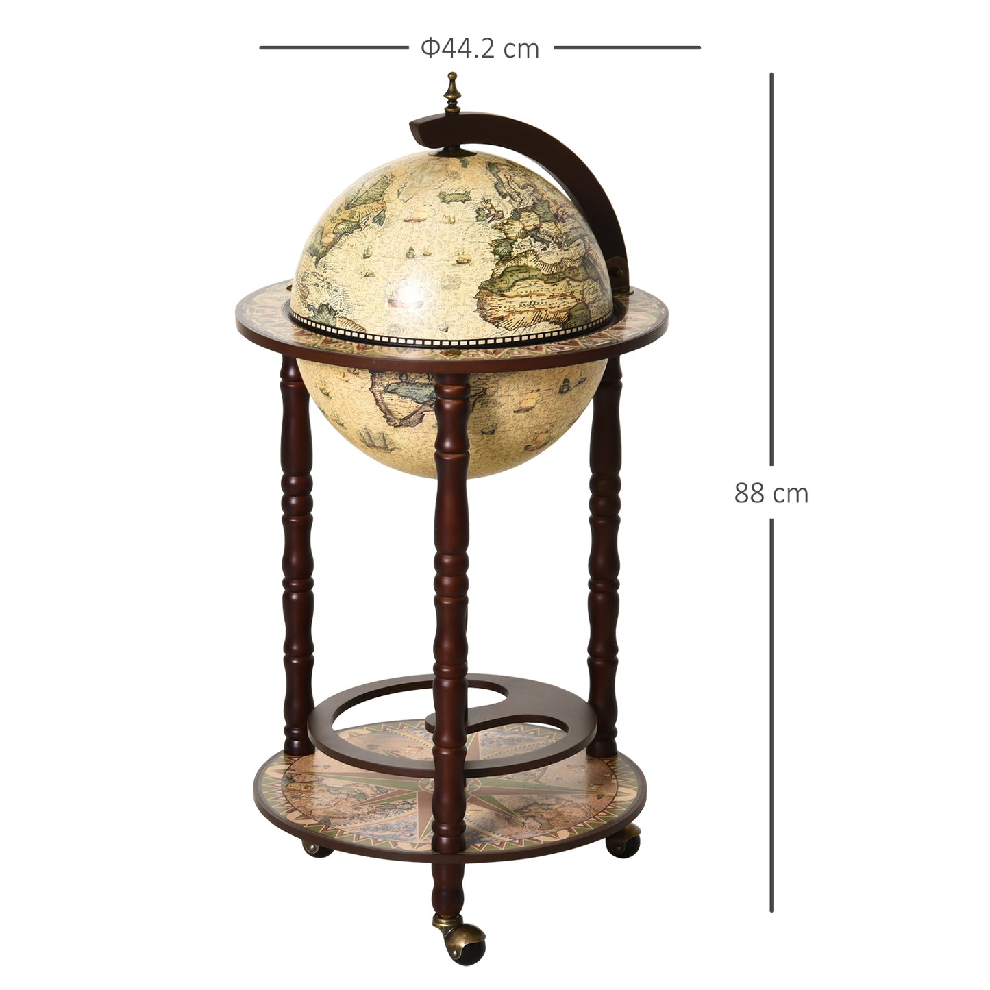 Retro Globe Drink Cabinet MDF w/ Wheels Brown, HOMCOM, 3