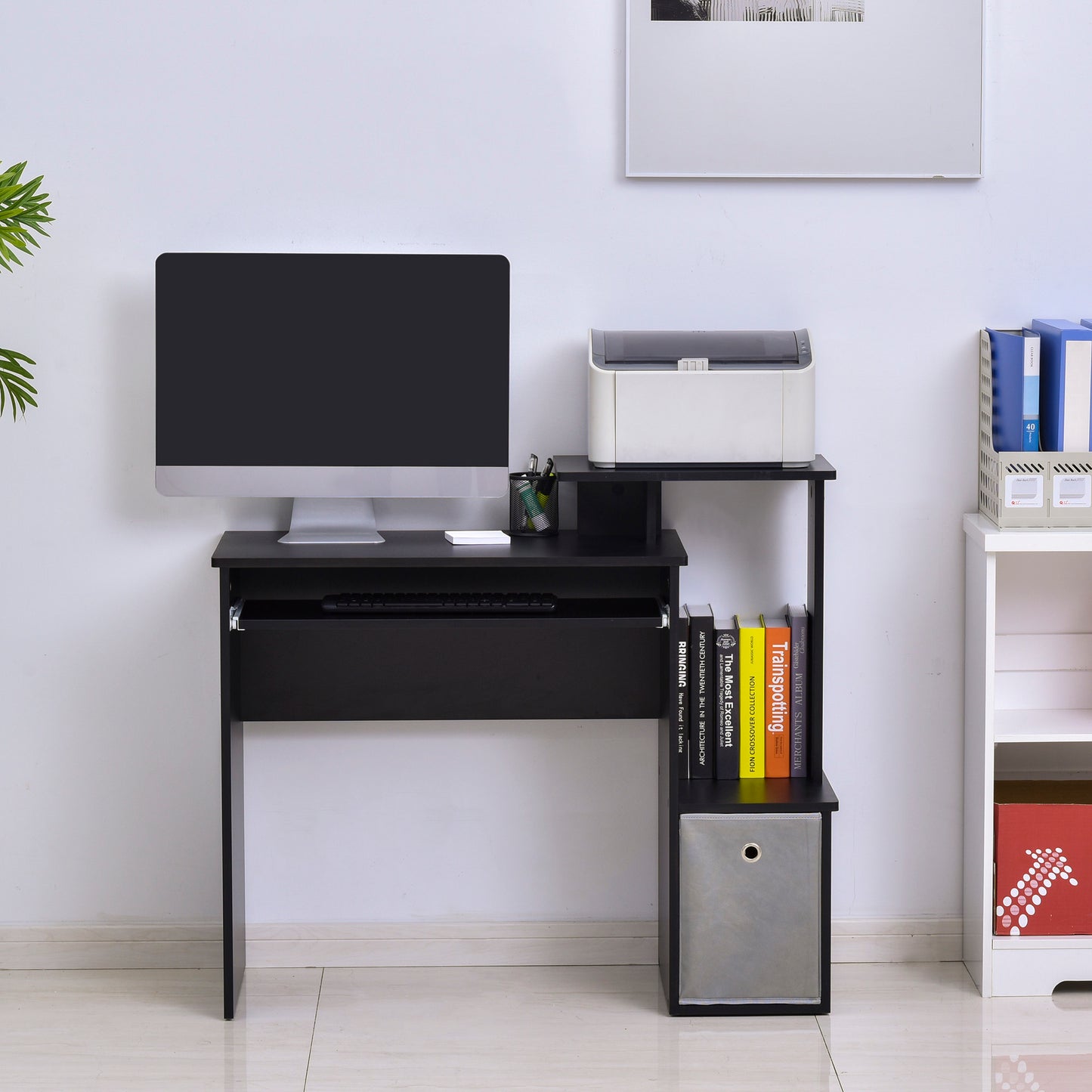 Computer Desk with Sliding Keyboard Tray Storage Drawer Shelf Home Office Workstation Black, HOMCOM, 7