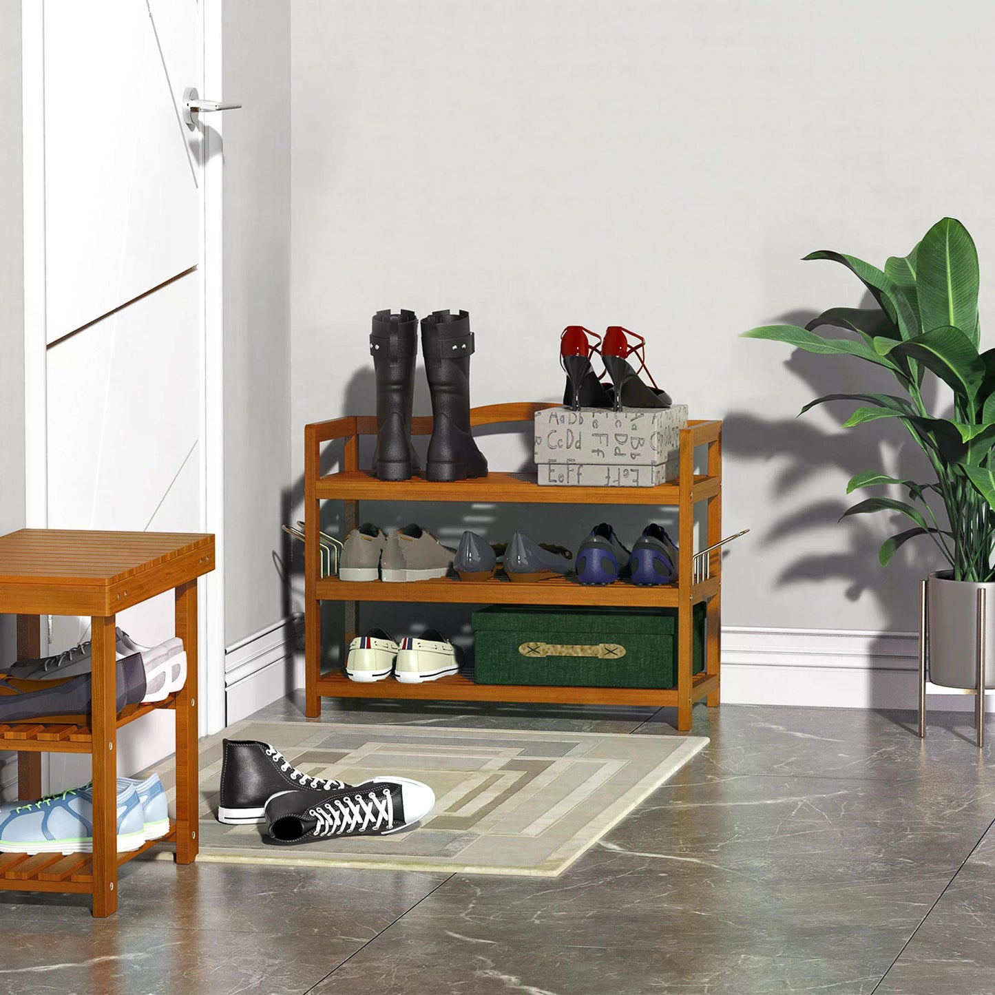 3-Tier Shoe Rack, Acacia Wooden Shoe Storage Organiser with 2 Hangers, Holds up to 12 Pairs, for Entryway, Living Room, 74 x 26 x 62 cm, Teak, HOMCOM, 2