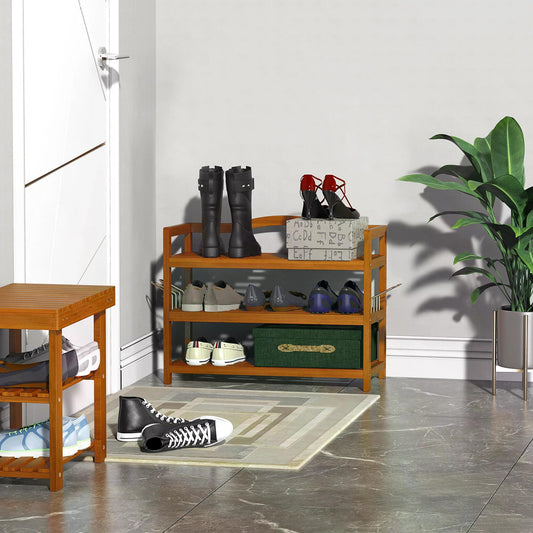 3-Tier Shoe Rack, Acacia Wooden Shoe Storage Organiser with 2 Hangers, Holds up to 12 Pairs, for Entryway, Living Room, 74 x 26 x 62 cm, Teak, HOMCOM, 2