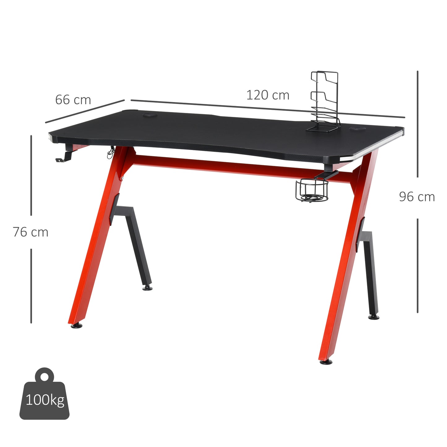 RGB 120 x 66cm Gaming Desk, Computer Table with Carbon Fibre Surface, Headphone Hook, Cup Holder, Controller Rack, Home Office Desk, Black and Red, HOMCOM, 3