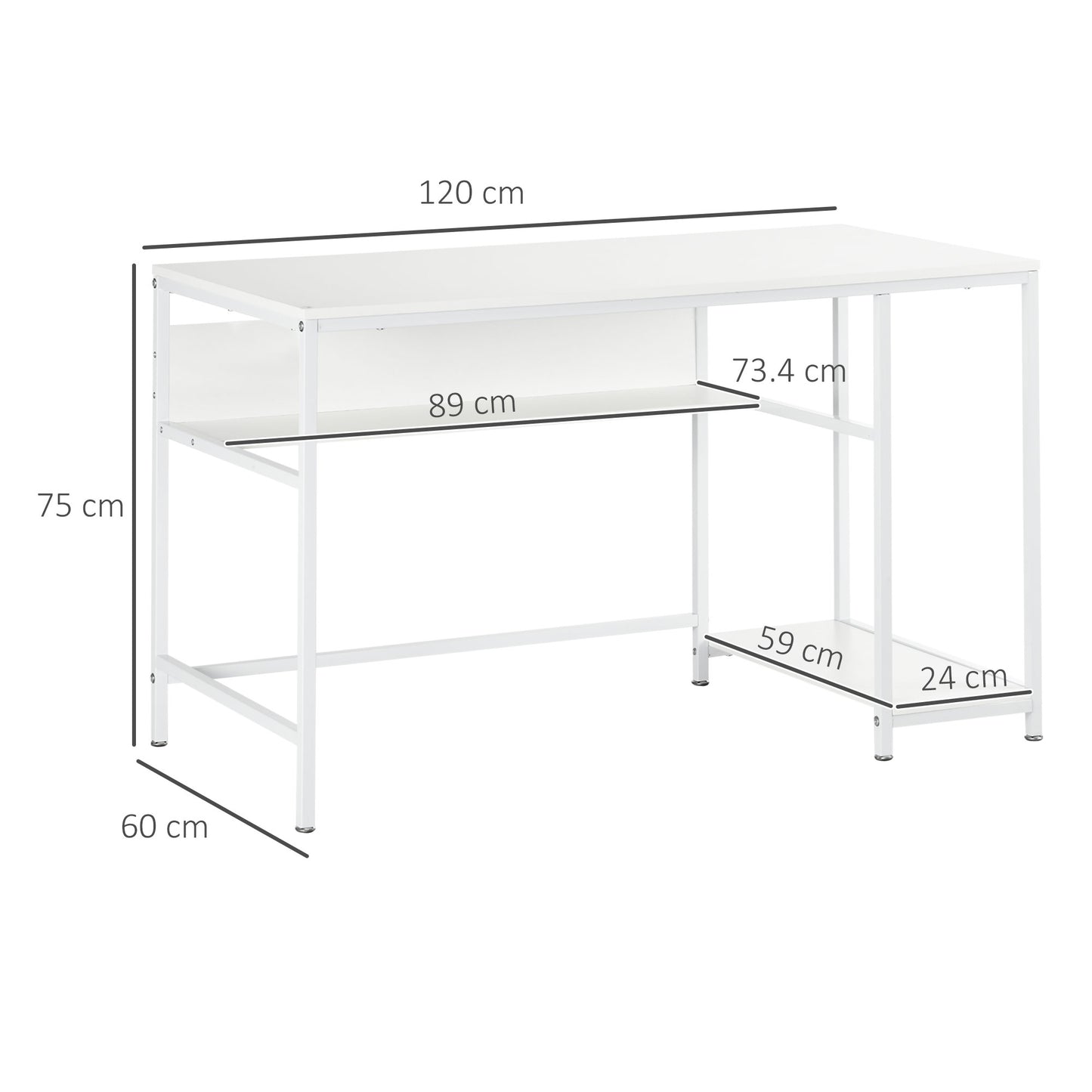 Computer Desk with Storage, 120 x 60cm Home Office Desk with 2 Shelves and Steel Frame, Writing Table for Living Room, Study, White, HOMCOM, 3