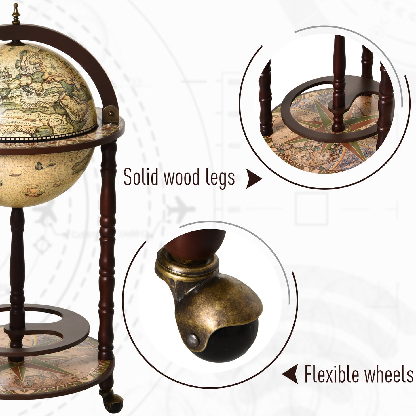 Retro Globe Drink Cabinet MDF w/ Wheels Brown, HOMCOM, 7