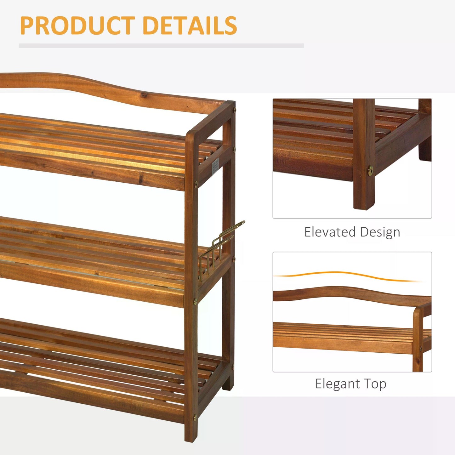 3-Tier Shoe Rack, Acacia Wooden Shoe Storage Organiser with 2 Hangers, Holds up to 12 Pairs, for Entryway, Living Room, 74 x 26 x 62 cm, Teak, HOMCOM, 5