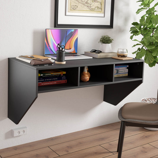 Wall Mounted Computer Desk with 3 Storage Compartments-Black, Costway, 2