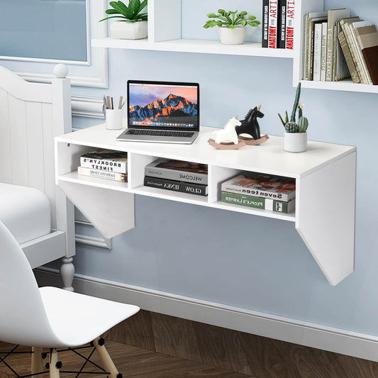 Wall Mounted Computer Desk with 3 Storage Compartments-White, Costway, 2