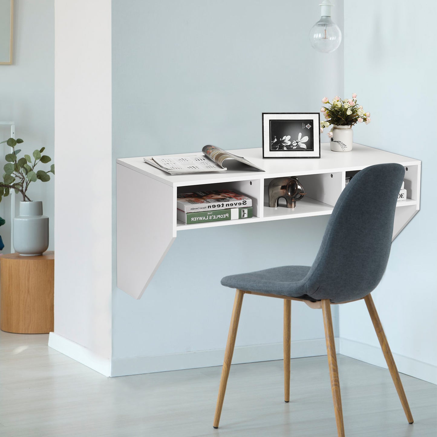 Wall Mounted Computer Desk with 3 Storage Compartments-White, Costway, 6