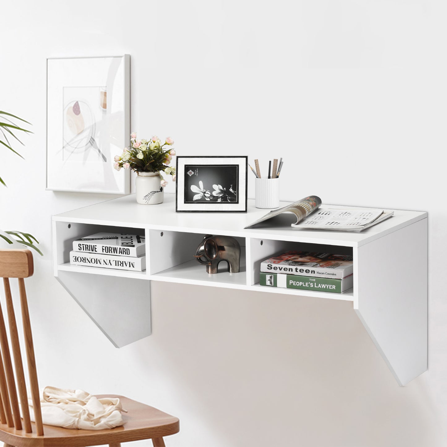 Wall Mounted Computer Desk with 3 Storage Compartments-White, Costway, 7
