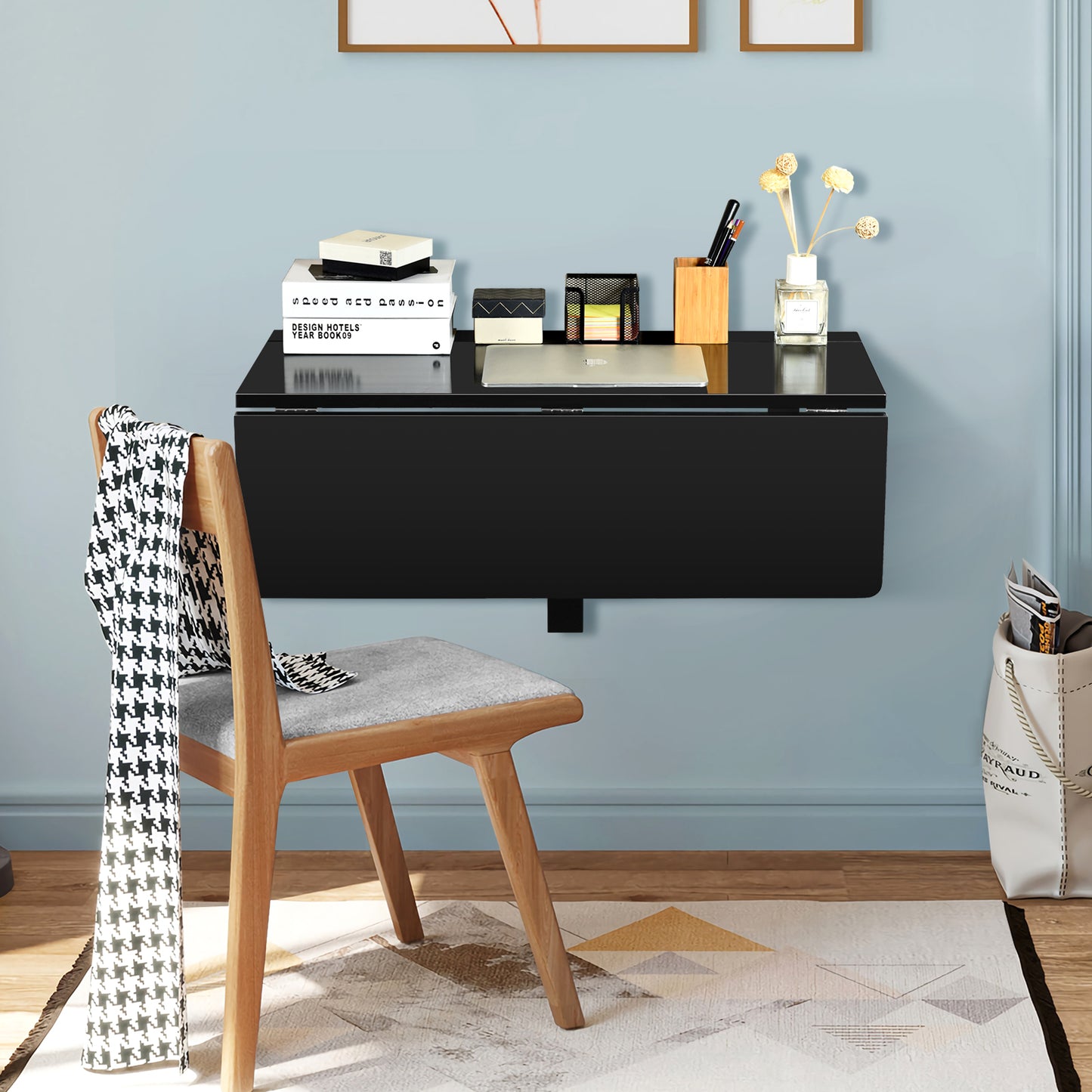 80 x 60 cm Wall Mounted Folding Table Drop-Leaf Floating Writing Desk-Black, Costway, 1