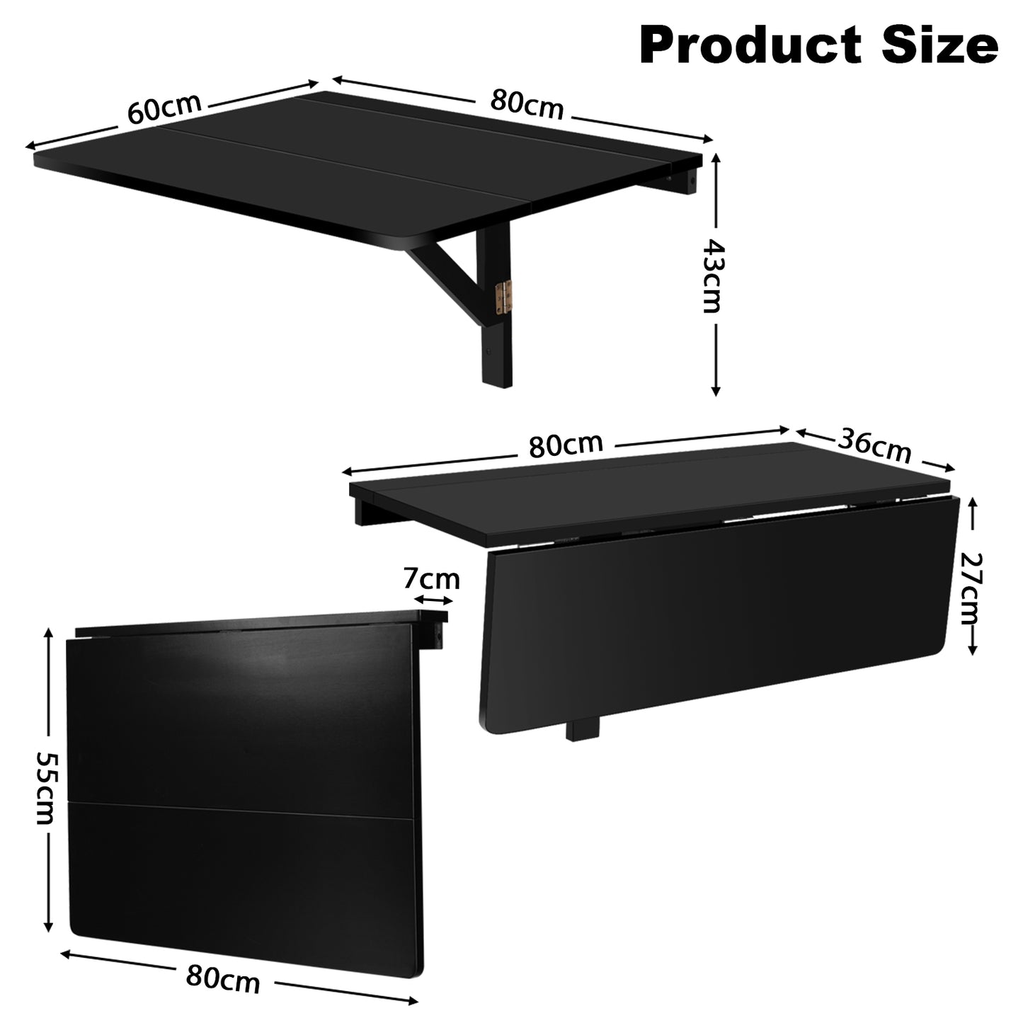 80 x 60 cm Wall Mounted Folding Table Drop-Leaf Floating Writing Desk-Black, Costway, 1