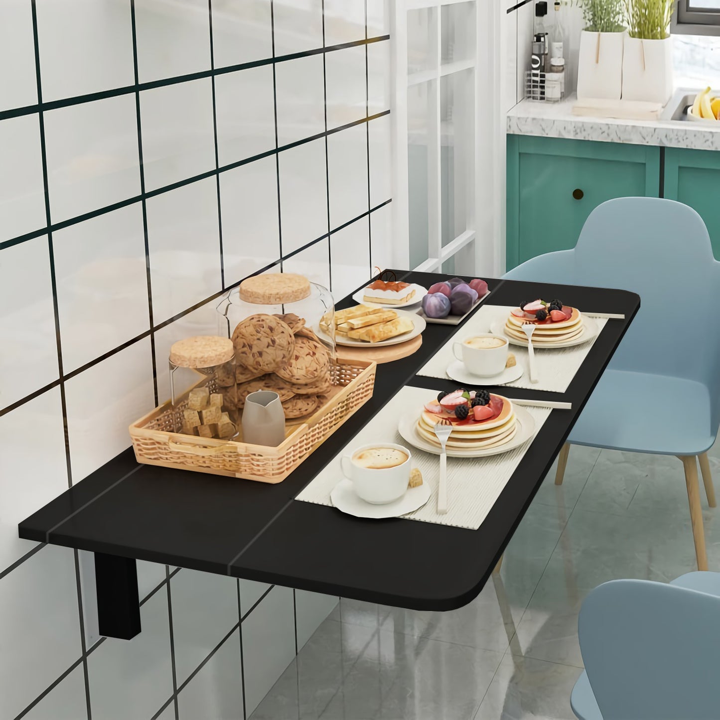 80 x 60 cm Wall Mounted Folding Table Drop-Leaf Floating Writing Desk-Black, Costway, 1