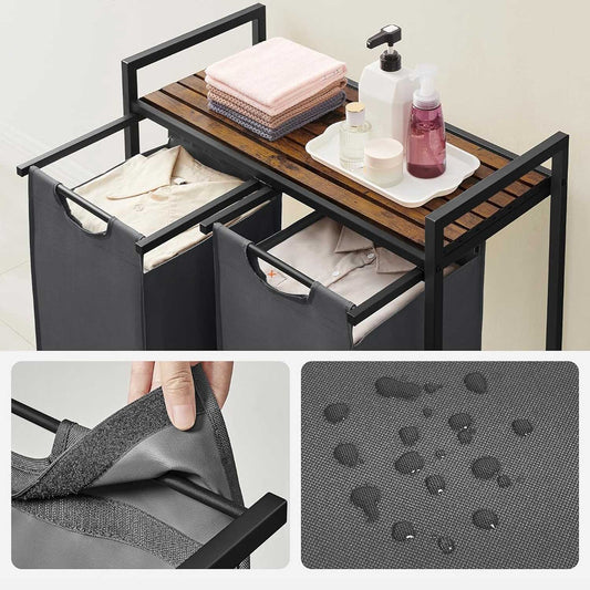 Washing Basket, Laundry Basket, 2 Compartment Laundry Basket, Removable Washing Bags, 2 x 46L, Rustic Brown and Grey, VASAGLE, 2