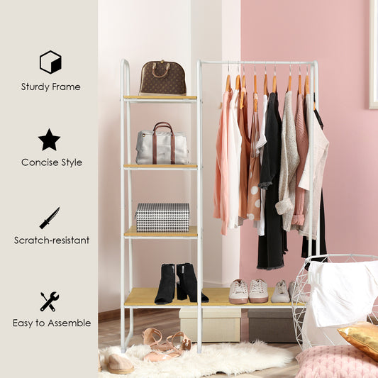 Clothes Rail, Industrial Clothes Rail, Free-Standing Garment Clothing Rack with 5-Tier Wood Shelves, White, Costway, 1