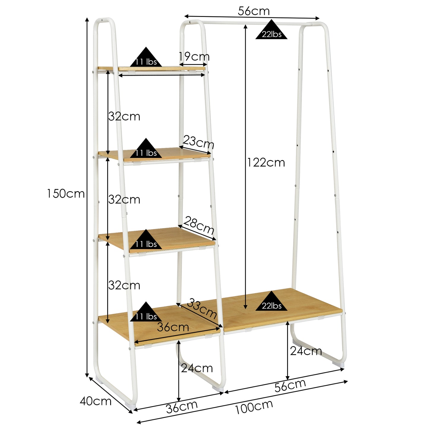 Clothes Rail, Industrial Clothes Rail, Free-Standing Garment Clothing Rack with 5-Tier Wood Shelves, White, Costway, 3