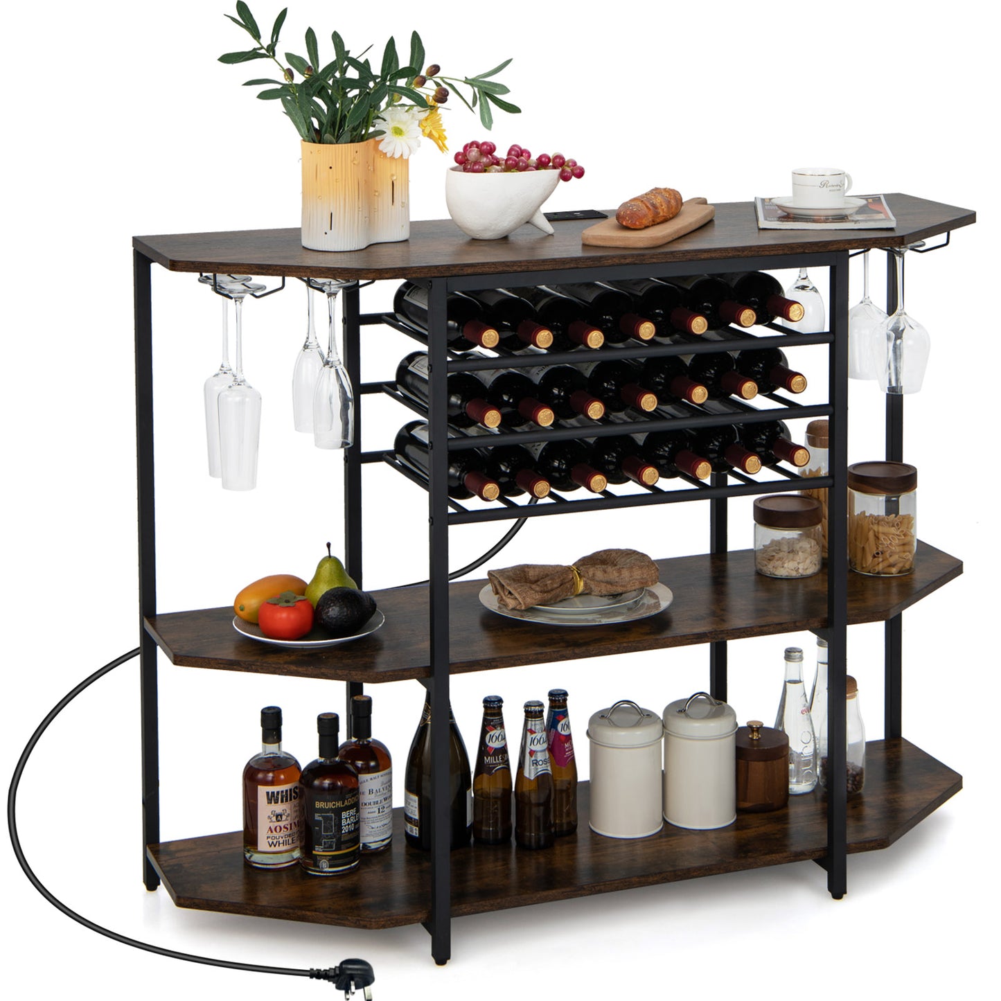 Wine Bar Cabinet 3-Tier Wine Rack with Shelves and Glass Holders-Brown, Costway, 4