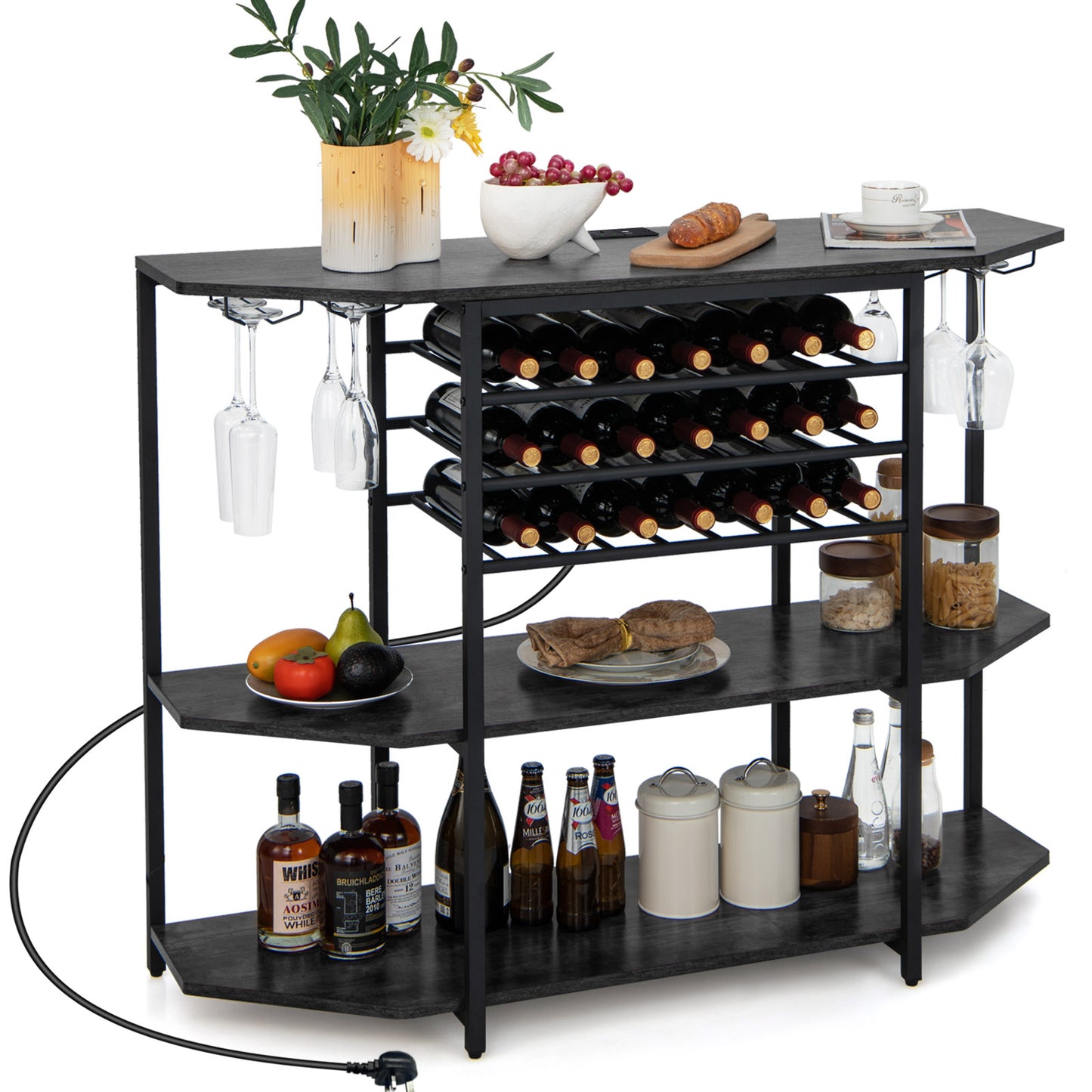 Wine Bar Cabinet 3-Tier Wine Rack with Shelves and Glass Holders-Grey, Costway, 4