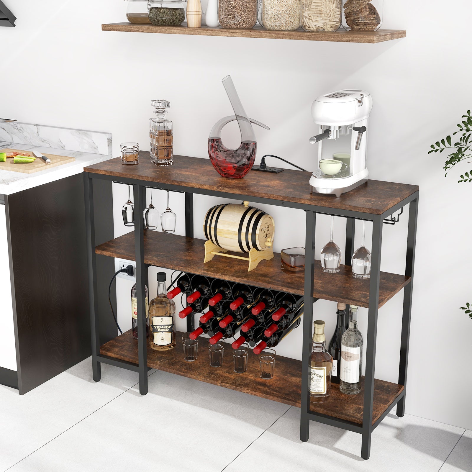 Wine Bar Cabinet Wine Rack with Bottle Racks and Storage Shelves-Brown, Costway, 2