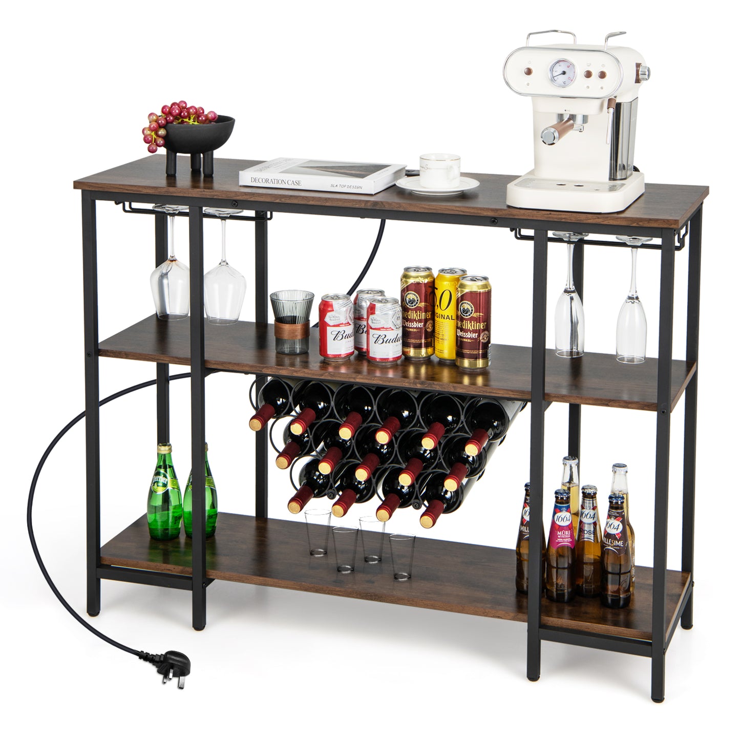 Wine Bar Cabinet Wine Rack with Bottle Racks and Storage Shelves-Brown, Costway, 4