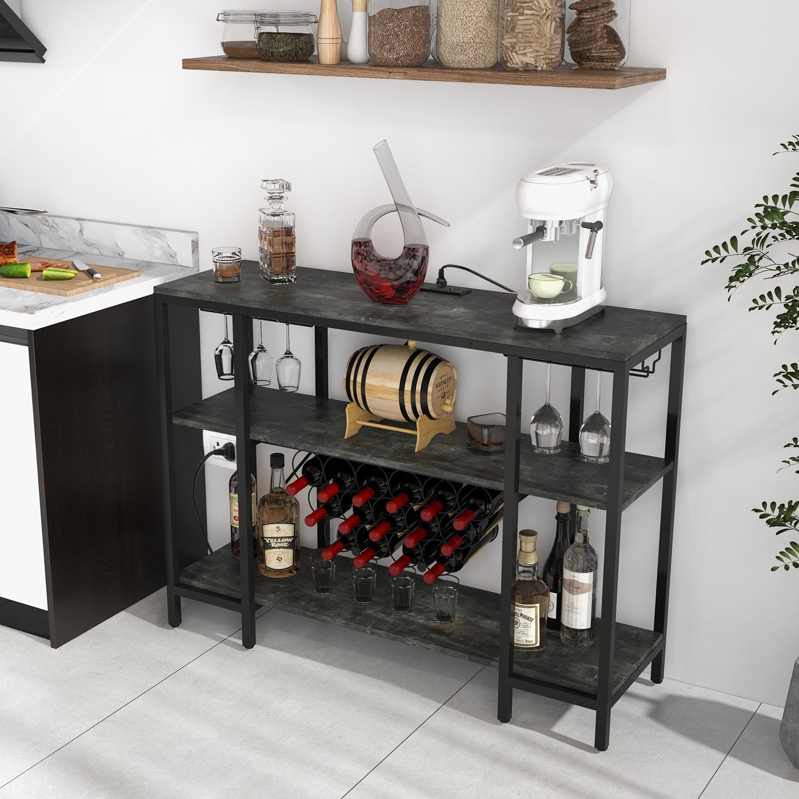 Wine Bar Cabinet Wine Rack with Bottle Racks and Storage Shelves-Grey, Costway, 2
