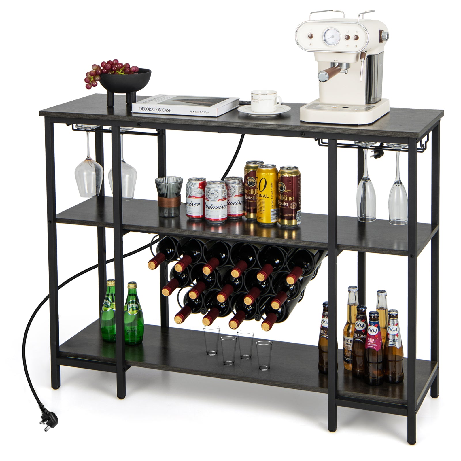 Wine Bar Cabinet Wine Rack with Bottle Racks and Storage Shelves-Grey, Costway, 4