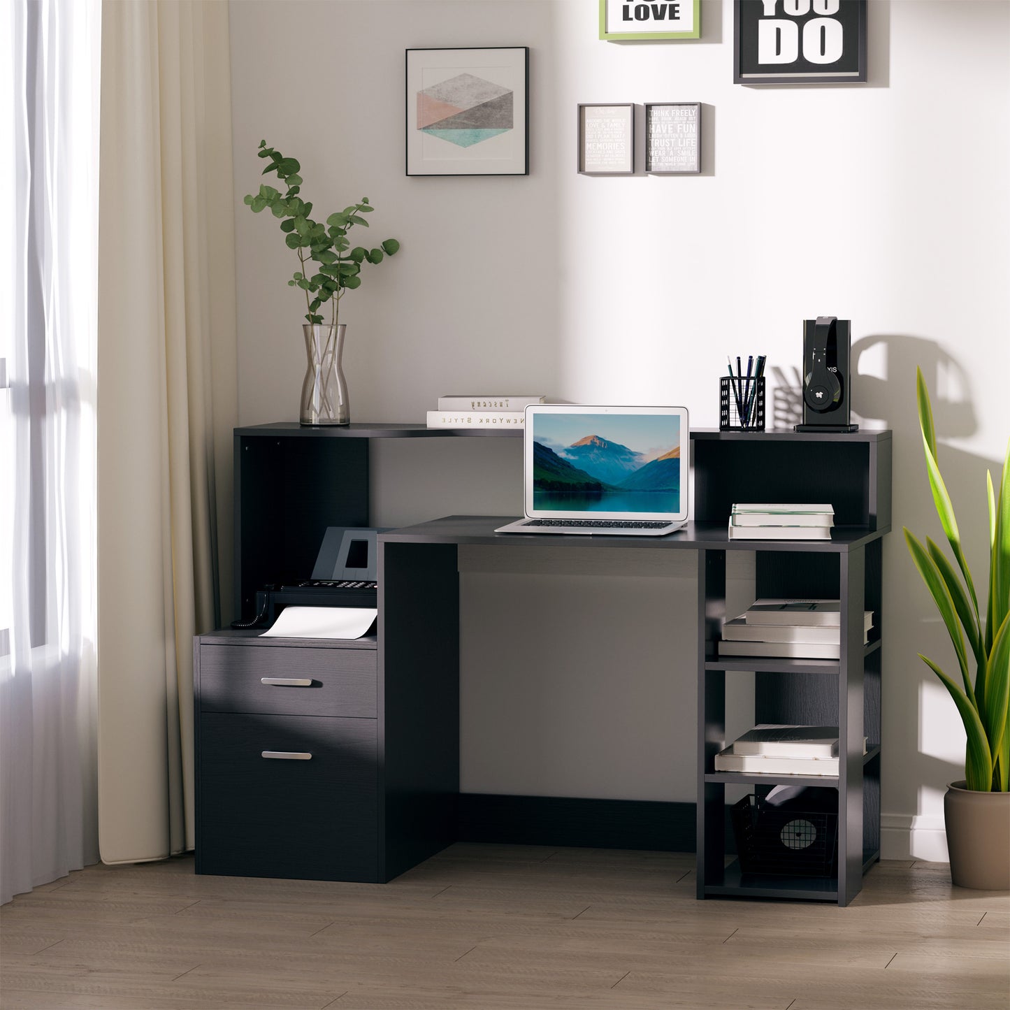 Computer Desk with Drawers and Storage Shelves, Reception Desk, Study Workstation for Home Office, 137 x 55 x 92cm, Black, HOMCOM, 2