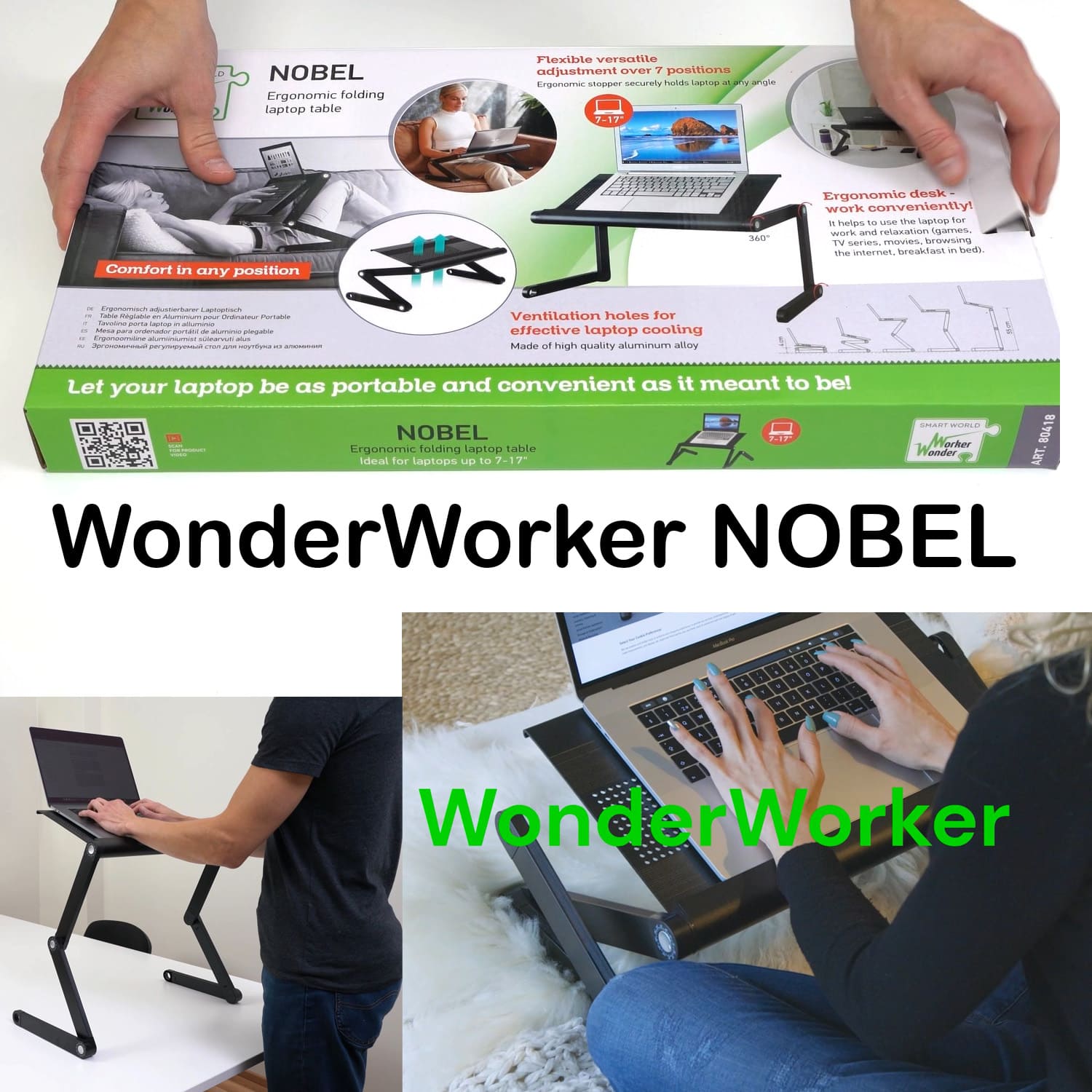 Laptop Stand, Laptop Stand for Bed, Adjustable Laptop Stand, Folding Laptop Stand, Cooling Tray, WonderWorker Nobel, 16