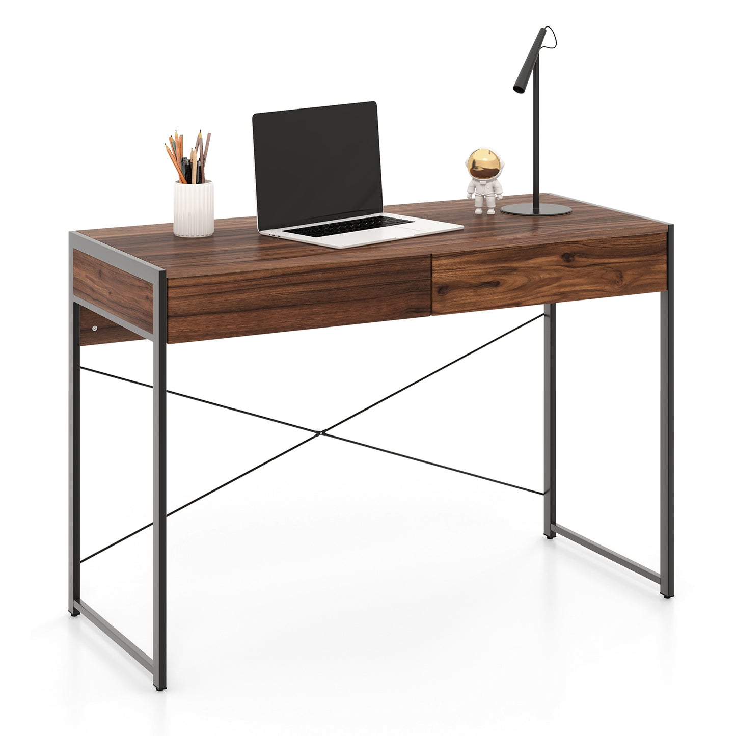 Wooden Study Computer Desk with 2 Drawers, 112 x 48 x 76cm -Brown, Costway, 1