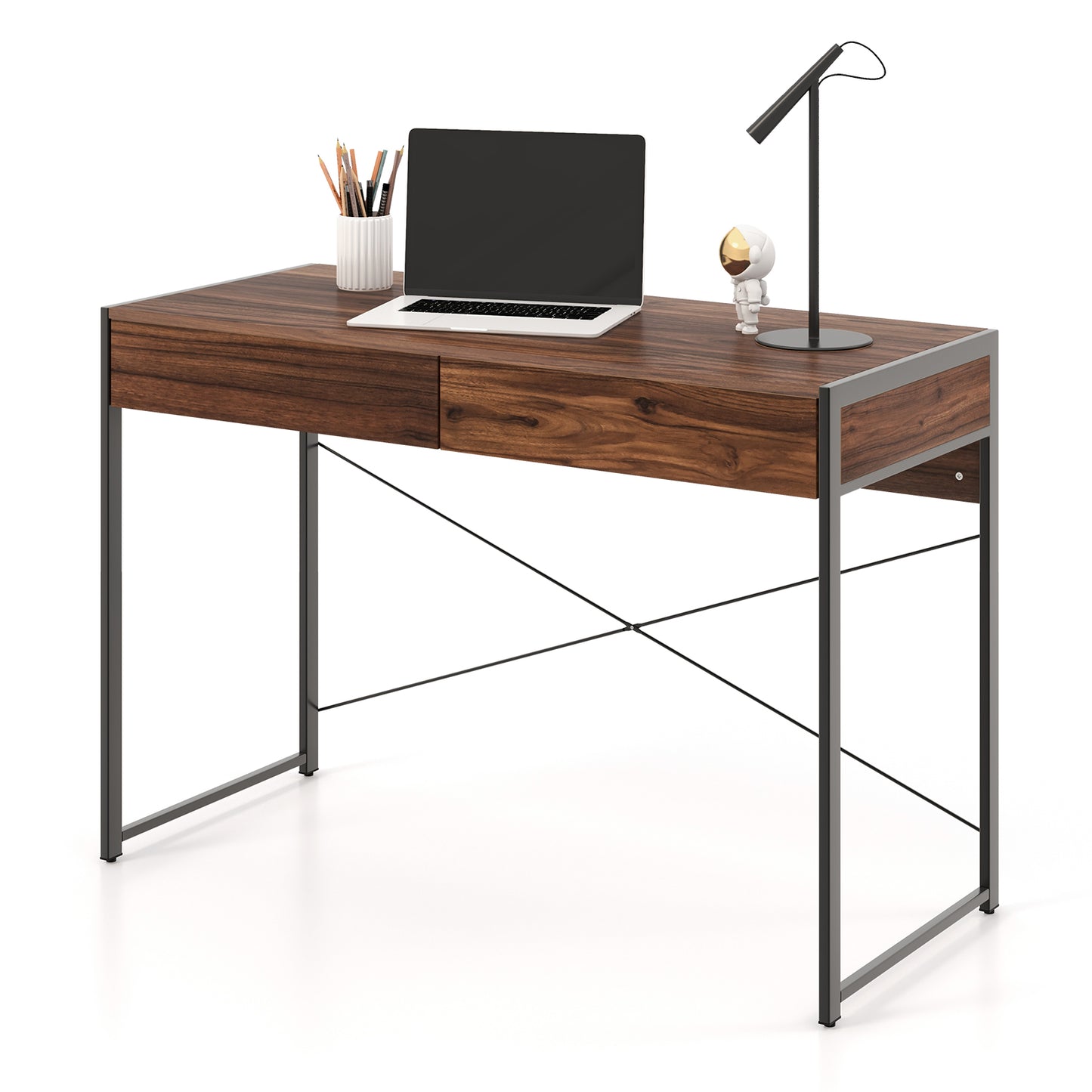 Wooden Study Computer Desk with 2 Drawers, 112 x 48 x 76cm -Brown, Costway, 4