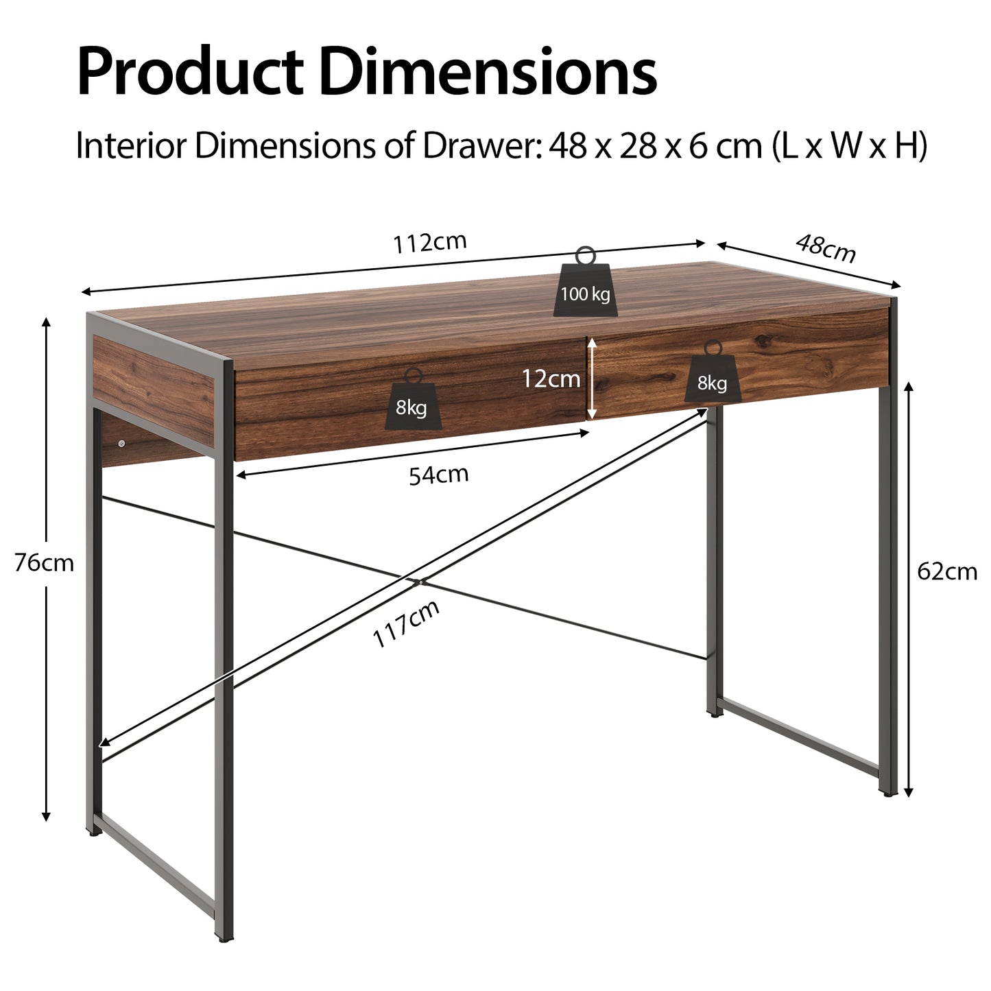 Wooden Study Computer Desk with 2 Drawers, 112 x 48 x 76cm -Brown, Costway, 5