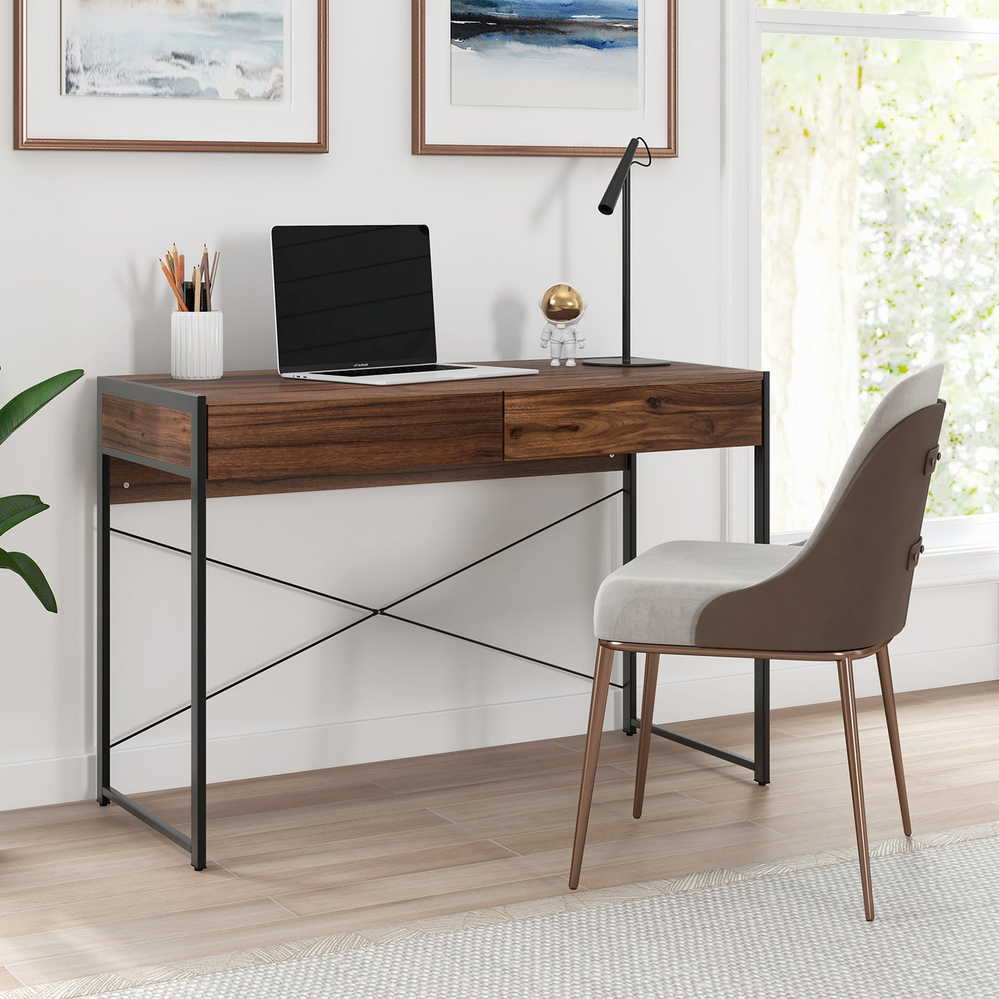 Wooden Study Computer Desk with 2 Drawers, 112 x 48 x 76cm -Brown, Costway, 6