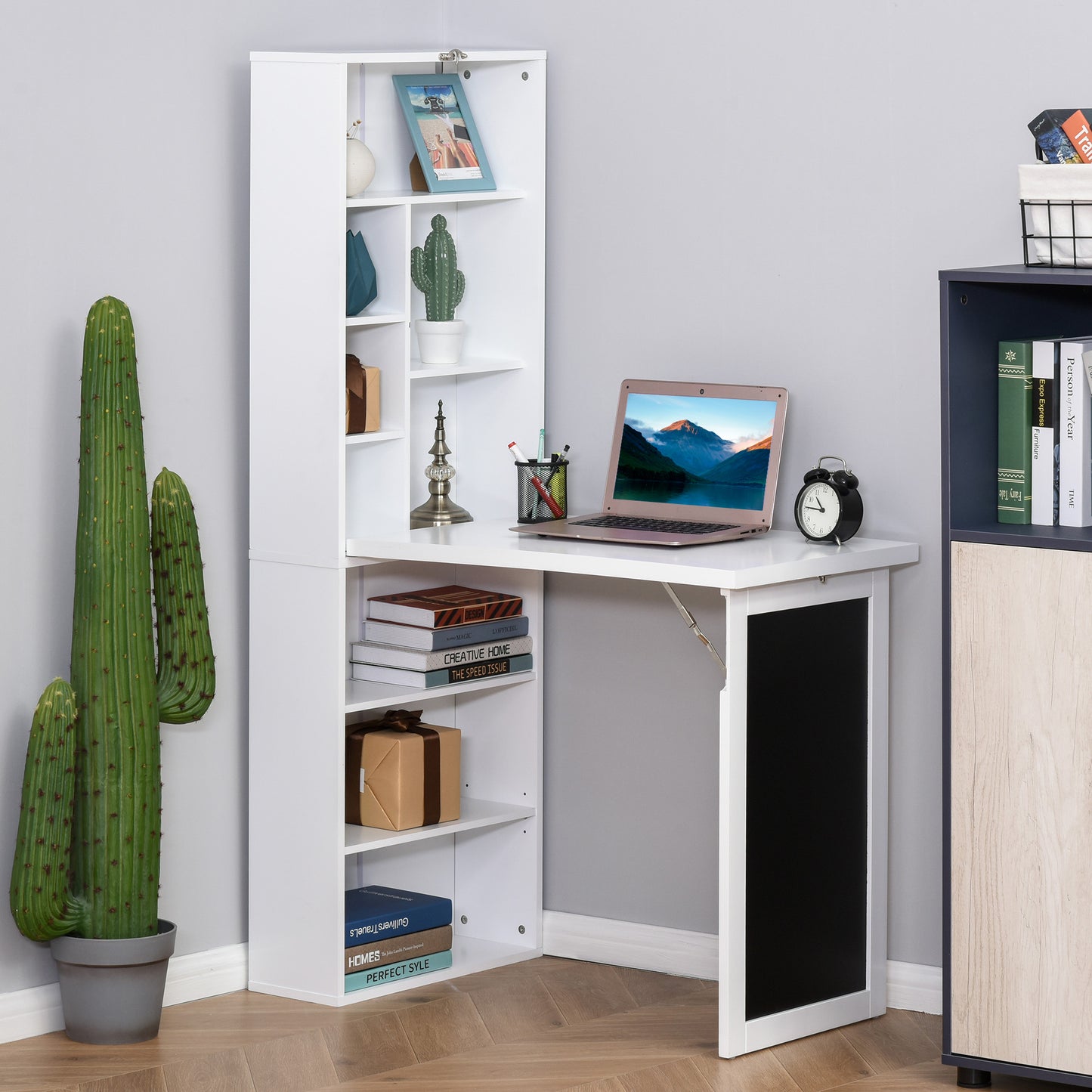 Fold-out Convertible Writing Desk Wall Mount Cabinet with Blackboard and Side Shelf Multi-Function Home Office Workstation, White, HOMCOM, 2