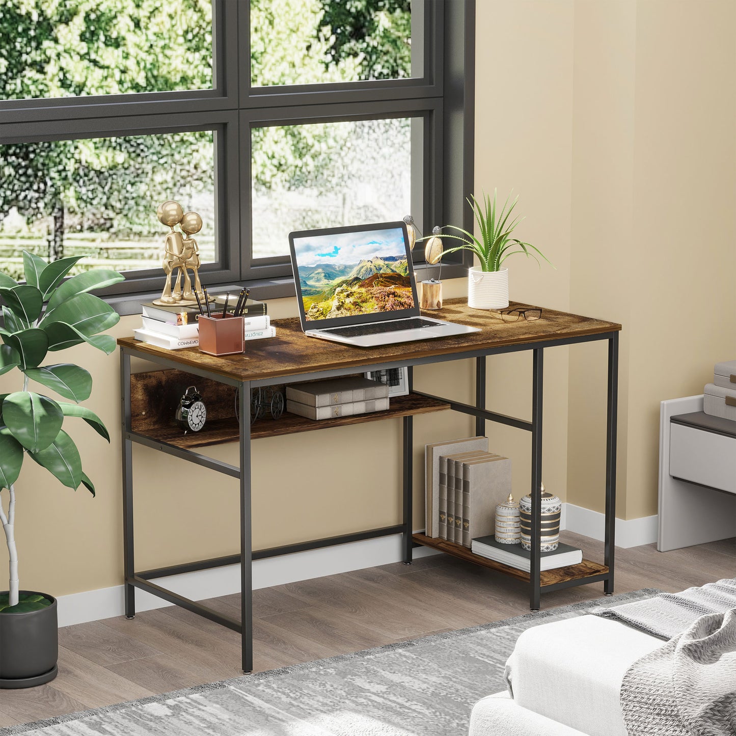Computer Desk with Storage, 120 x 60cm Home Office Desk with 2 Shelves and Steel Frame, Writing Table for Living Room, Study, Rustic Brown, HOMCOM, 2