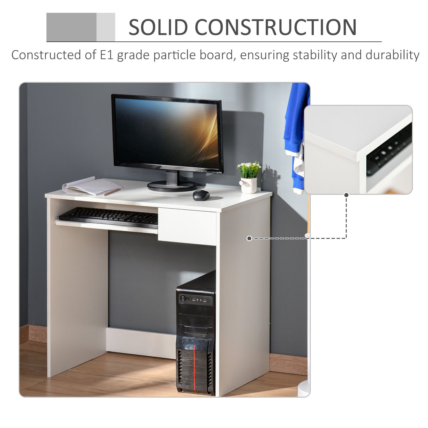 Compact Computer Table with Keyboard Tray Drawer Study Office Working Writing Desk, White, HOMCOM, 5