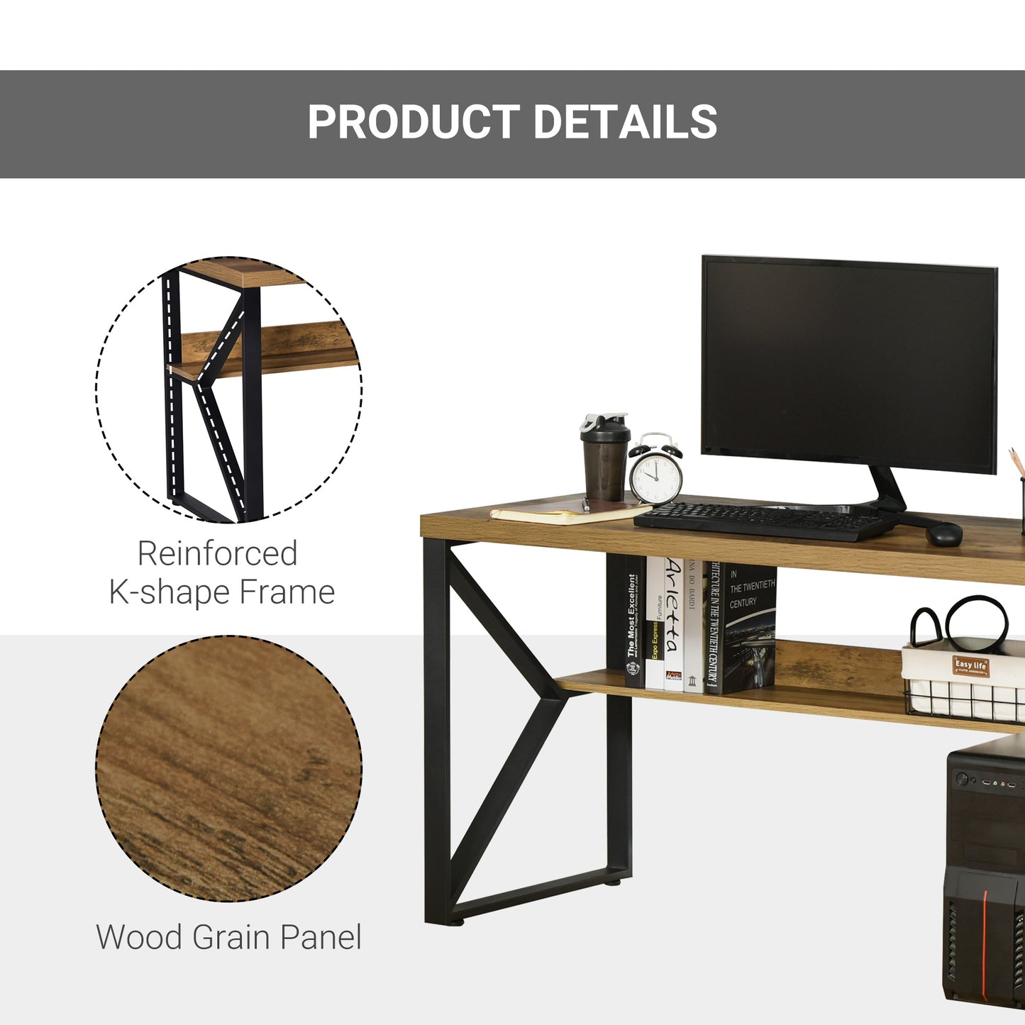 Computer Desk Writing Desk Home Office PC Laptop Workstation with Storage Shelf 120 x 60 x 76cm Black Brown Wood Effect, HOMCOM, 6