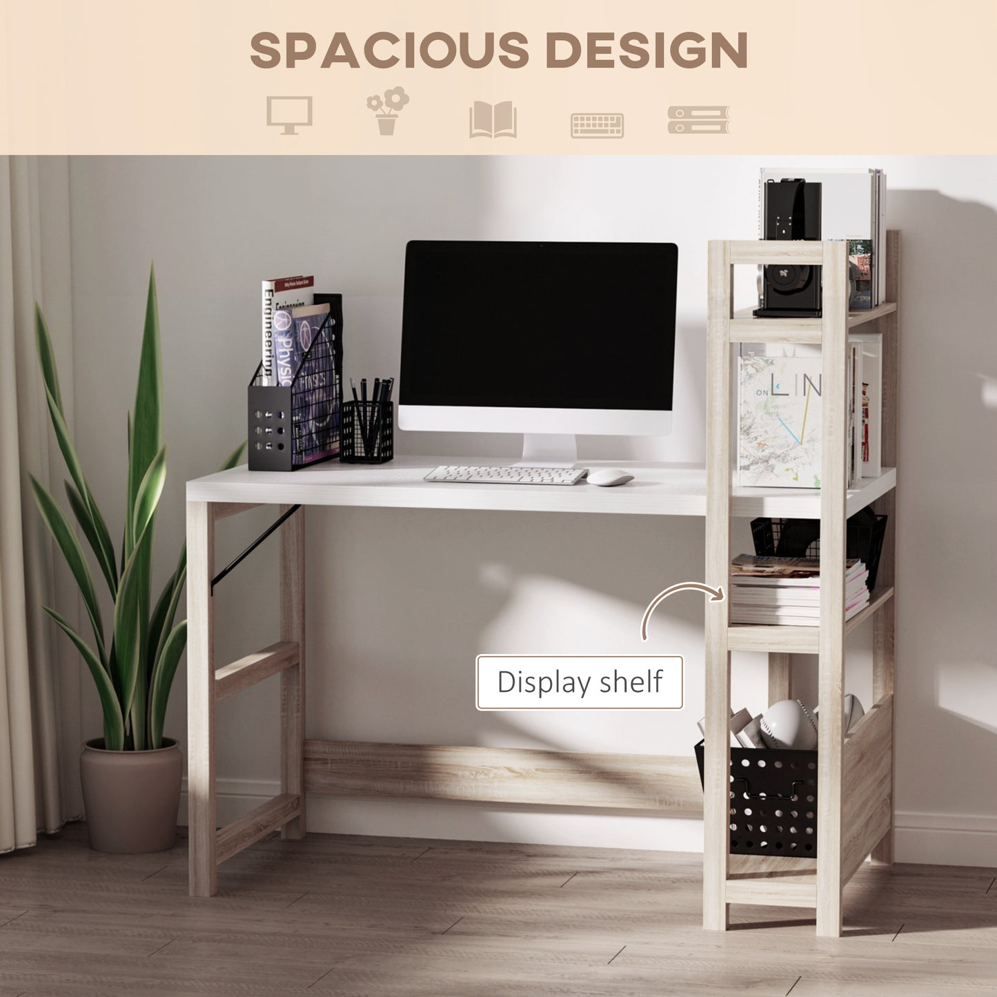 Computer Desk with 3 Tier Storage Shelves on Left or Right, 120cm Writing Table for Home Office, Study, Bedroom, White and Oak, HOMCOM, 4