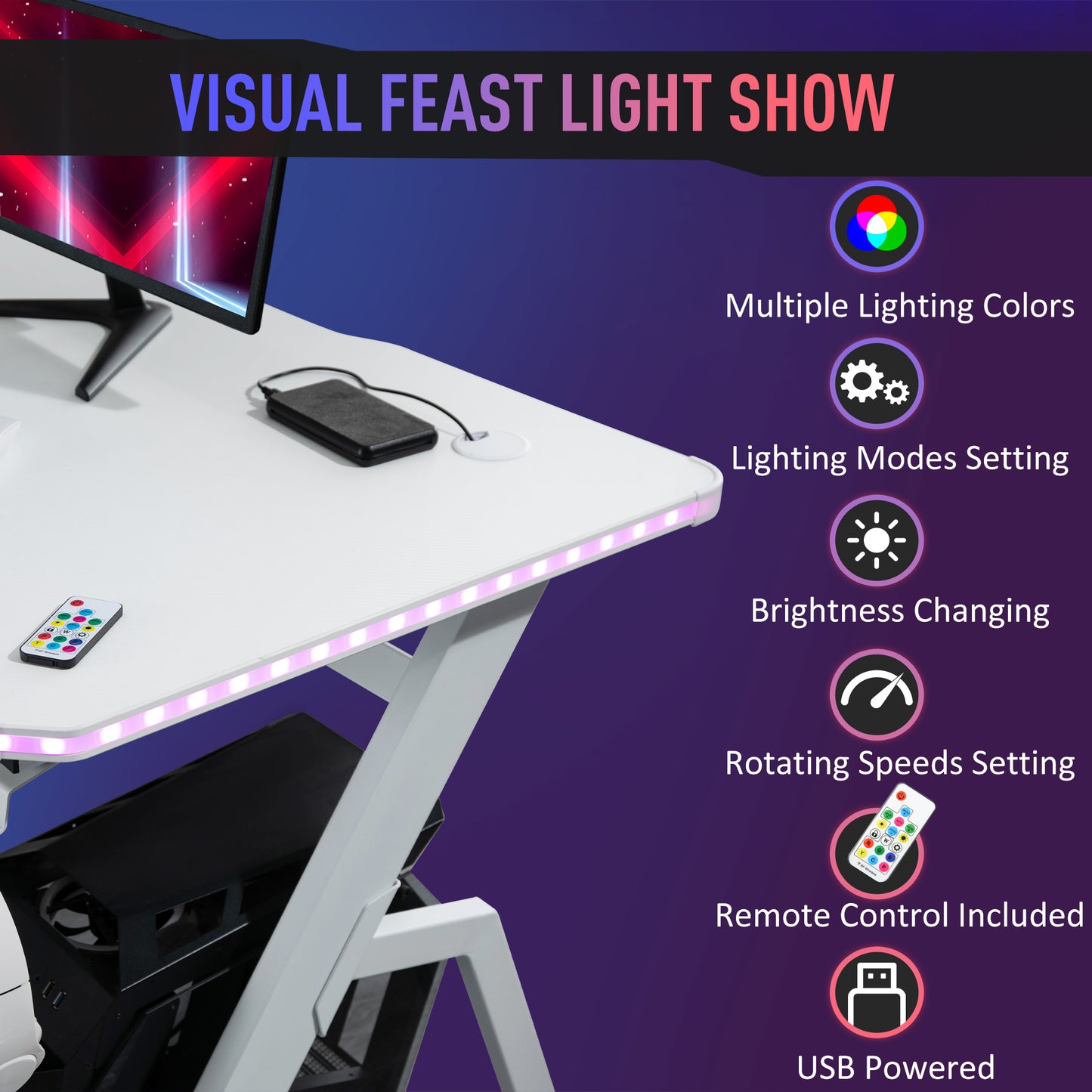 RGB 120 x 66cm Gaming Desk, Computer Table with Carbon Fibre Surface, Headphone Hook, Cup Holder, Controller Rack, Home Office Desk, White, HOMCOM, 4