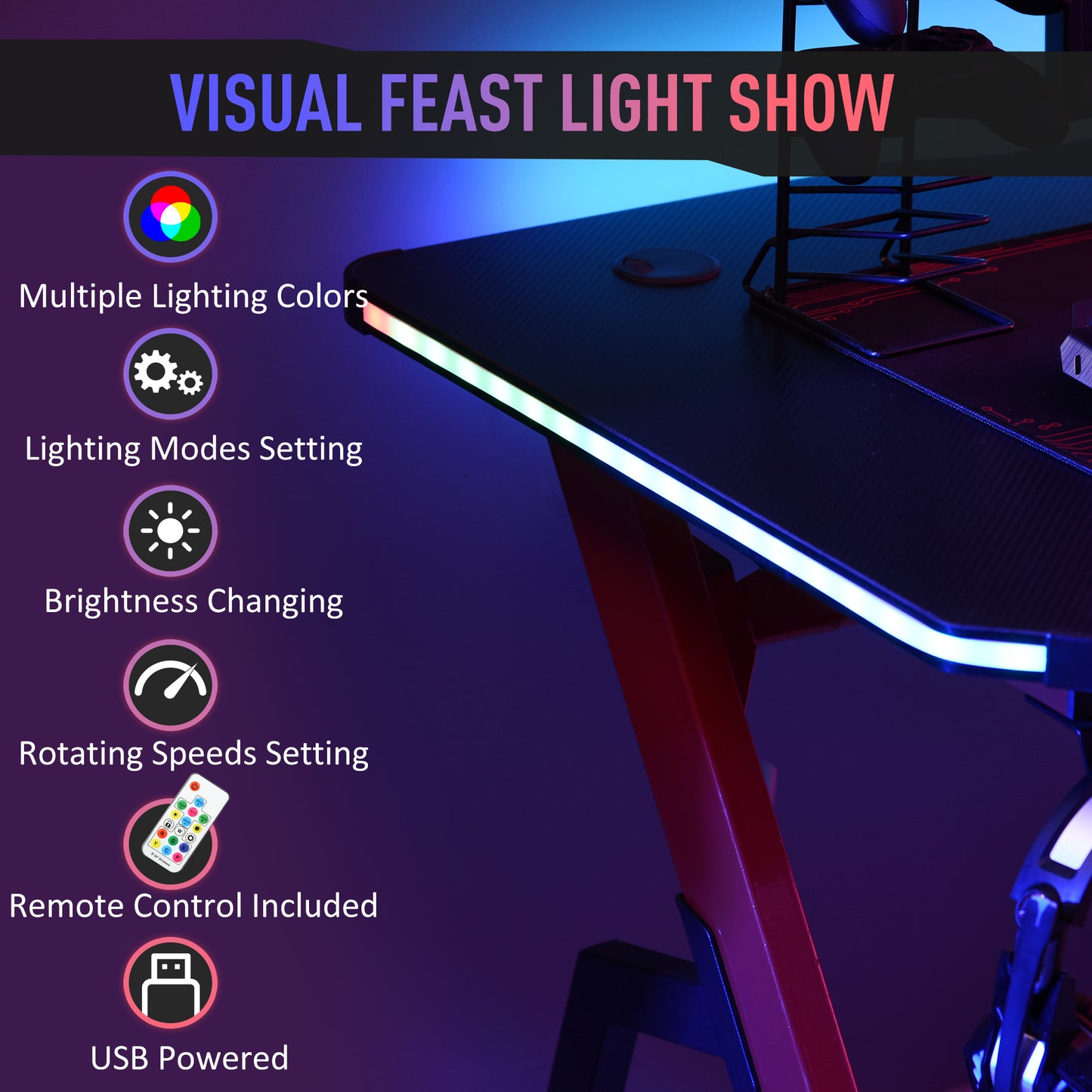 RGB 120 x 66cm Gaming Desk, Computer Table with Carbon Fibre Surface, Headphone Hook, Cup Holder, Controller Rack, Home Office Desk, Black and Red, HOMCOM, 4