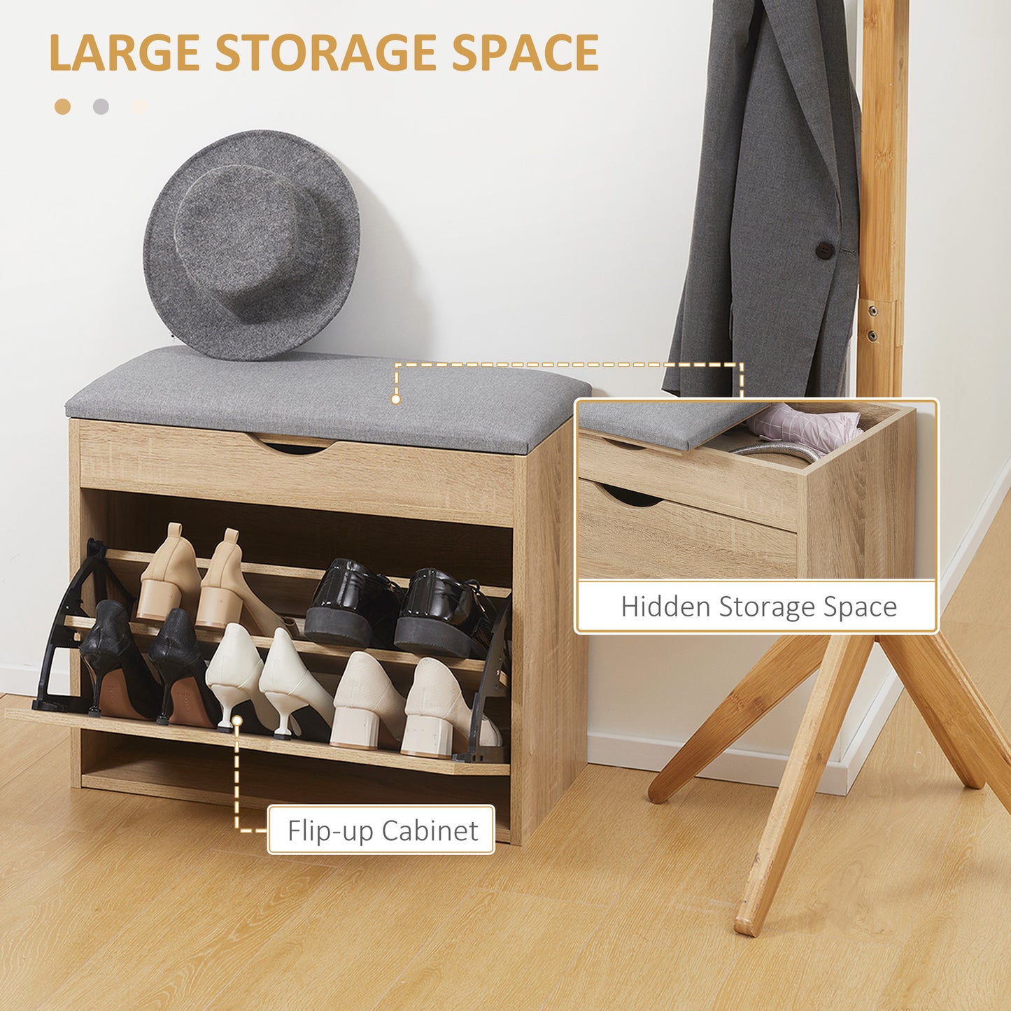 Shoe Bench with Cushion for 4 Pair of Shoes, Storage Bench with Padded Seat, Flip-up Cabinet and Hidden Space for Entryway, Natural, HOMCOM, 4