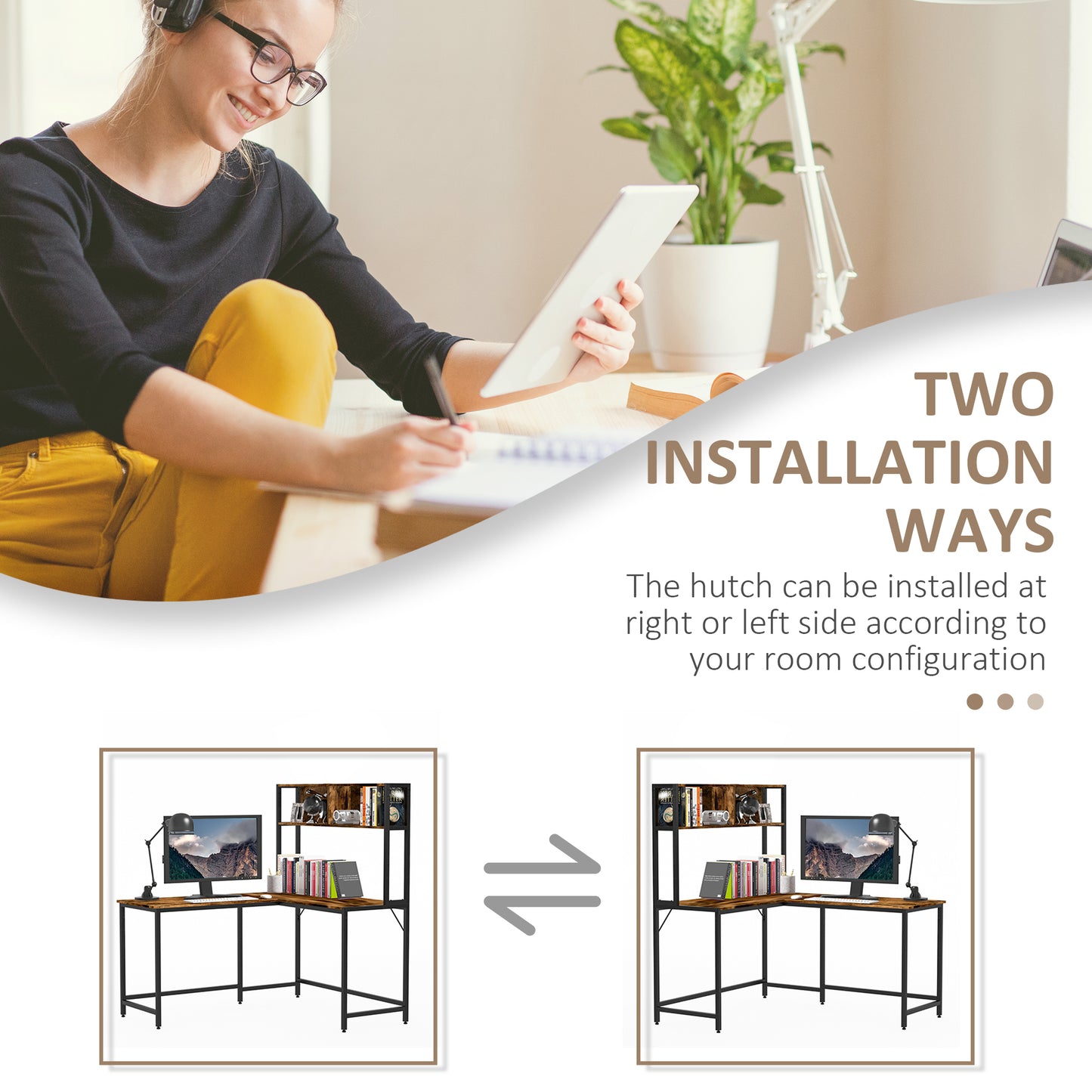Reversible L Shaped Desk with Hutch, Industrial Computer Desk, Corner Desk with Storage Compartments and Steel Frame for Home Office, Study, 140 x 125cm, Brown, HOMCOM, 5