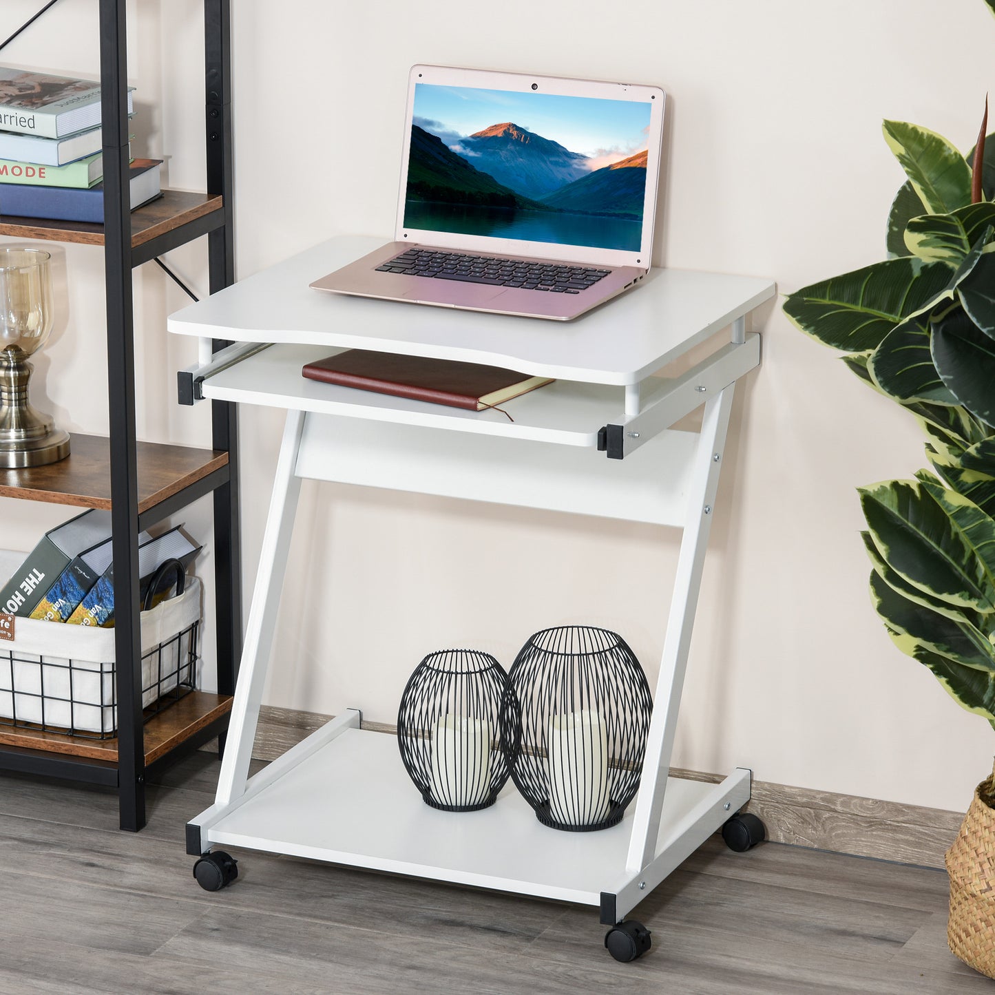 Movable Computer Desk with 4 Moving Wheels Sliding Keyboard Tray Home Office Workstation White, HOMCOM, 8