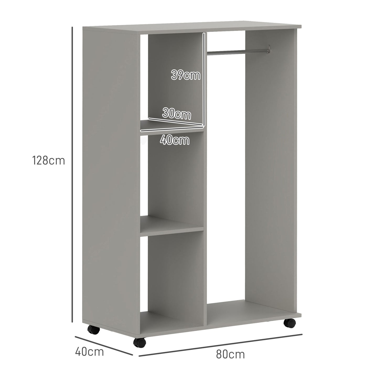 Open Wardrobe on Wheels with Clothes Rail, Bedroom Clothes Storage with Hanging Rod, 3 Storage Shelves, Mobile Garment Rack for Cloakroom, Hallway, Grey, HOMCOM, 3
