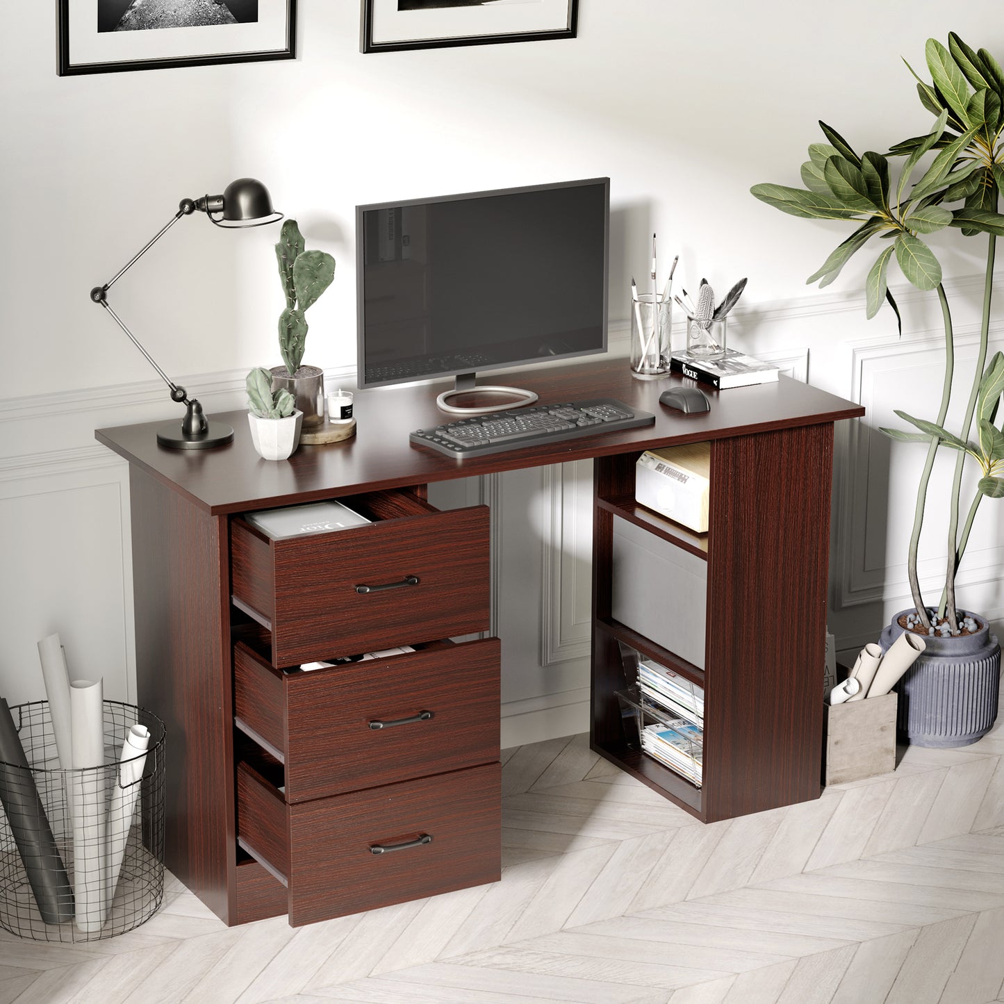 Computer Desk, Writing Table, PC Workstation with 3 Storage Shelves and Drawers, Black Handle, for Home Office, Walnut Brown, HOMCOM, 7
