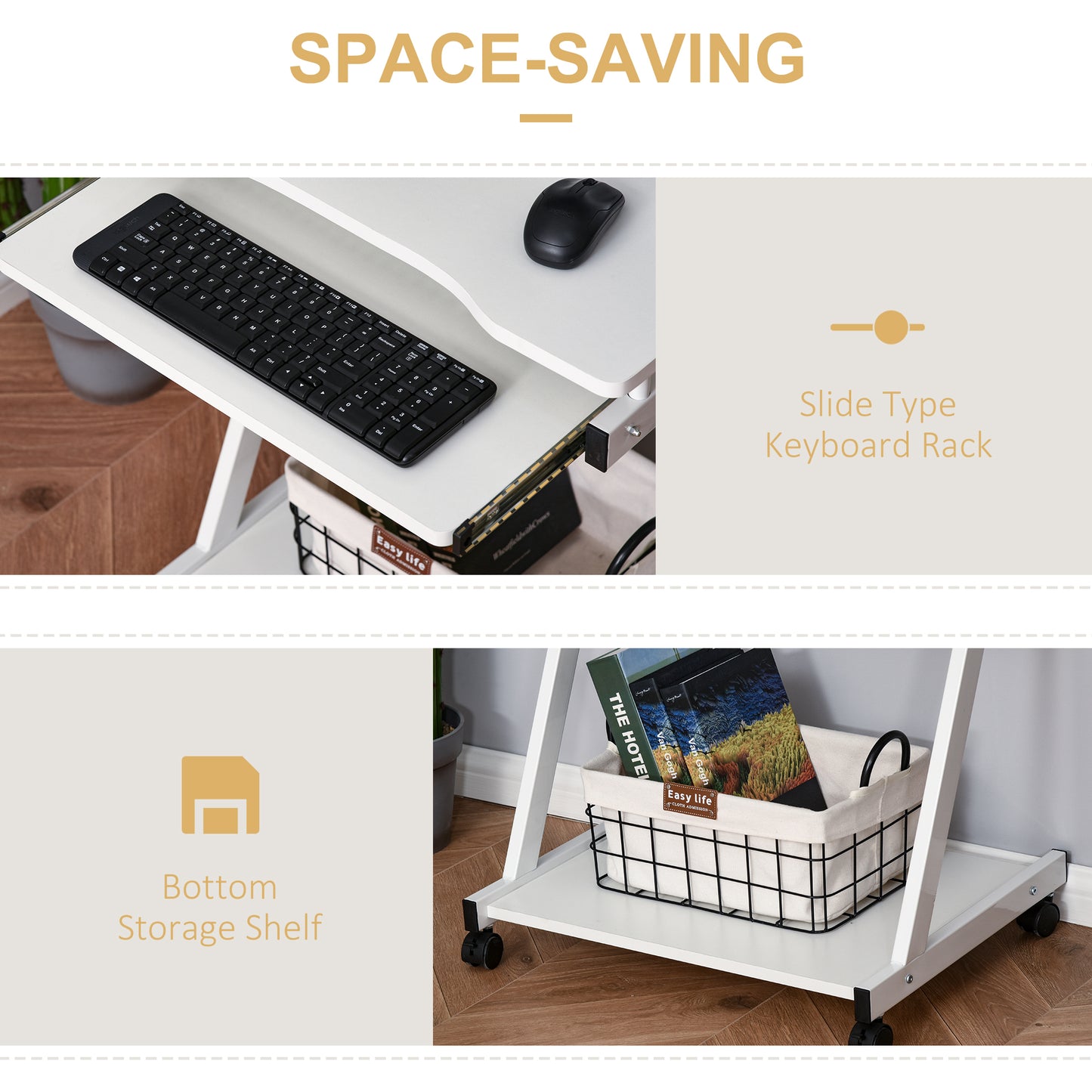 Movable Computer Desk with 4 Moving Wheels Sliding Keyboard Tray Home Office Workstation White, HOMCOM, 5