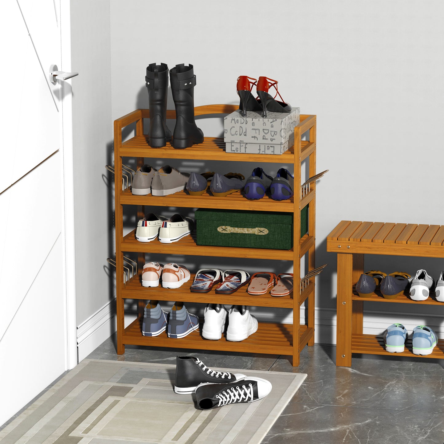 5-Tier Shoe Rack, Acacia Wooden Shoe Storage Organiser with Hangers, Holds up to 24 Pairs, for Entryway, Living Room, 64 x 26 x 82 cm, Teak, HOMCOM, 9