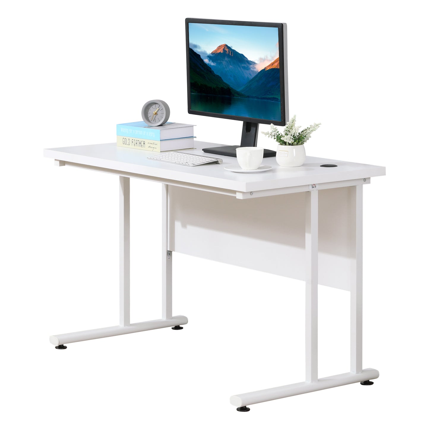 Computer Desk, Home Office Desk, Writing Table, 120x60x75cm Laptop Workstation with 2 Cable Management Holes, C Shaped Metal Legs for Adults, White, HOMCOM, 1