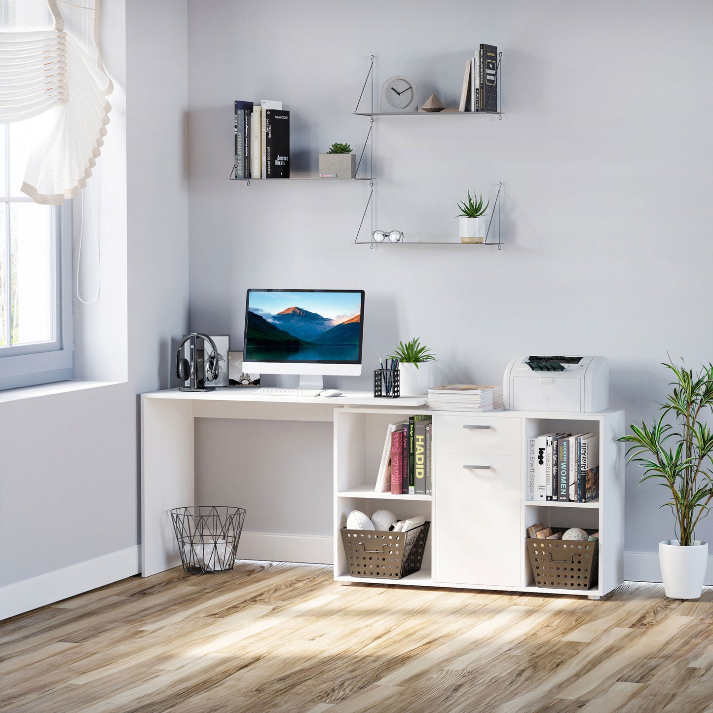 L-Shaped Computer Desk with Storage Compartments, Drawer and Cabinet, Laptop PC Corner Table, Home Office Workstation, 120 x 115 x 76cm, White, HOMCOM, 2