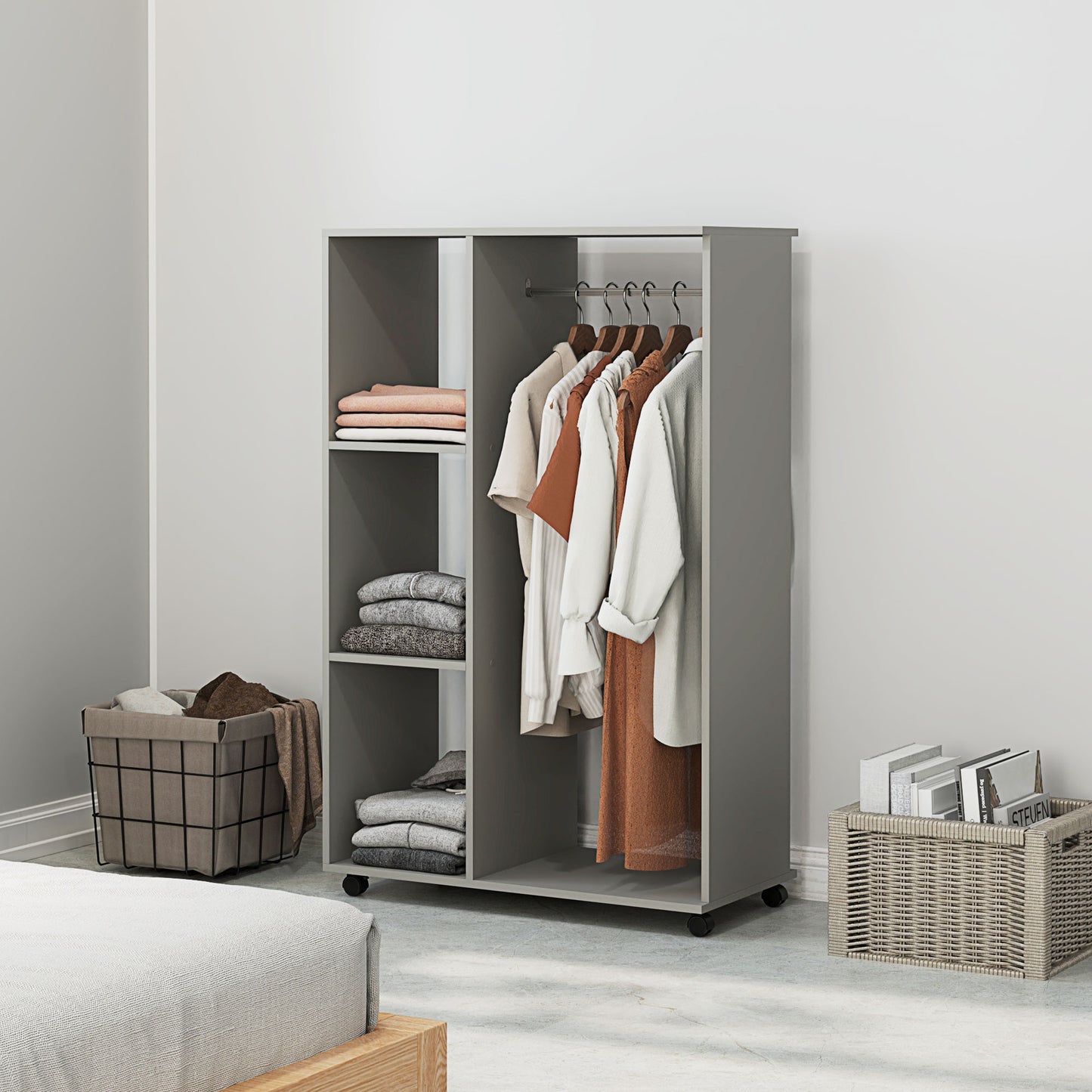 Open Wardrobe on Wheels with Clothes Rail, Bedroom Clothes Storage with Hanging Rod, 3 Storage Shelves, Mobile Garment Rack for Cloakroom, Hallway, Grey, HOMCOM, 2