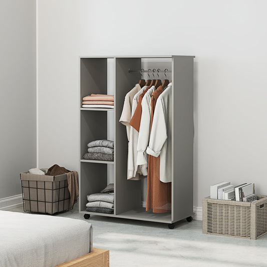 Open Wardrobe on Wheels with Clothes Rail, Bedroom Clothes Storage with Hanging Rod, 3 Storage Shelves, Mobile Garment Rack for Cloakroom, Hallway, Grey, HOMCOM, 2