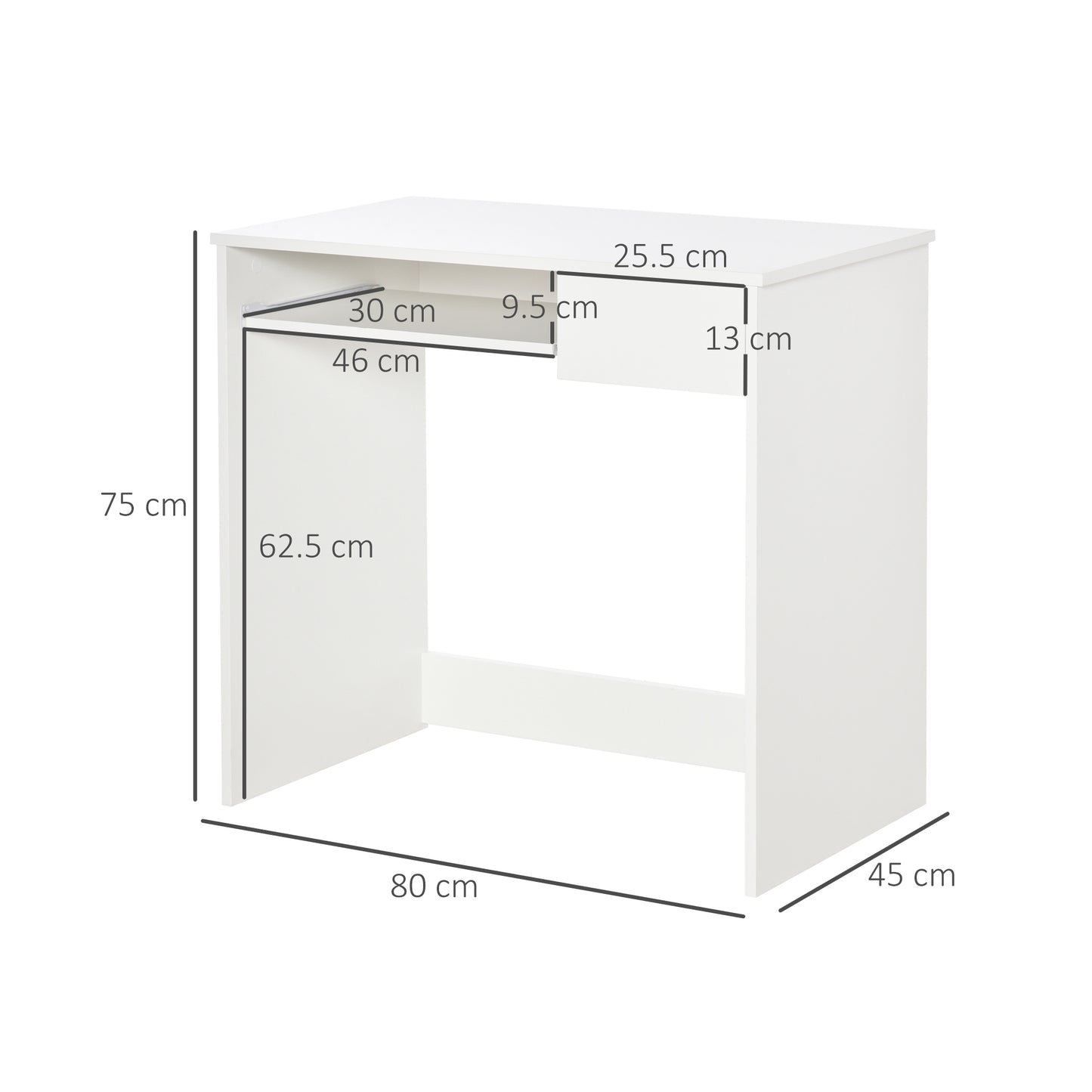 Compact Computer Table with Keyboard Tray Drawer Study Office Working Writing Desk, White, HOMCOM, 3