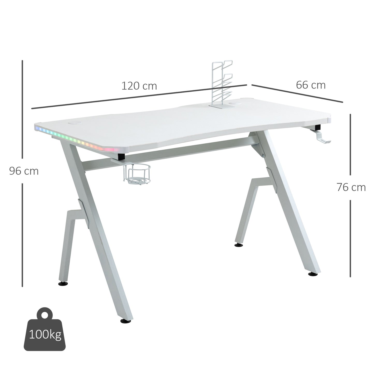 RGB 120 x 66cm Gaming Desk, Computer Table with Carbon Fibre Surface, Headphone Hook, Cup Holder, Controller Rack, Home Office Desk, White, HOMCOM, 3